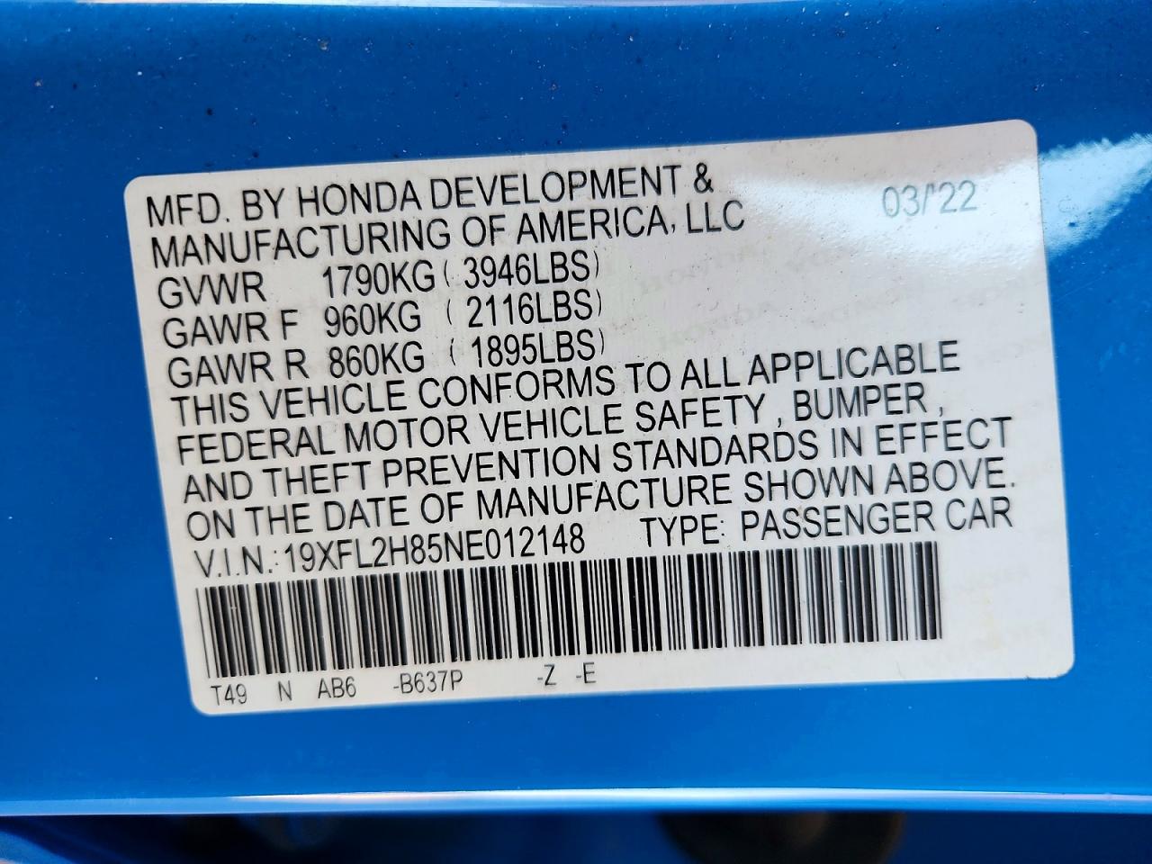 2022 Honda Civic Sport Blue vin: 19XFL2H85NE012148