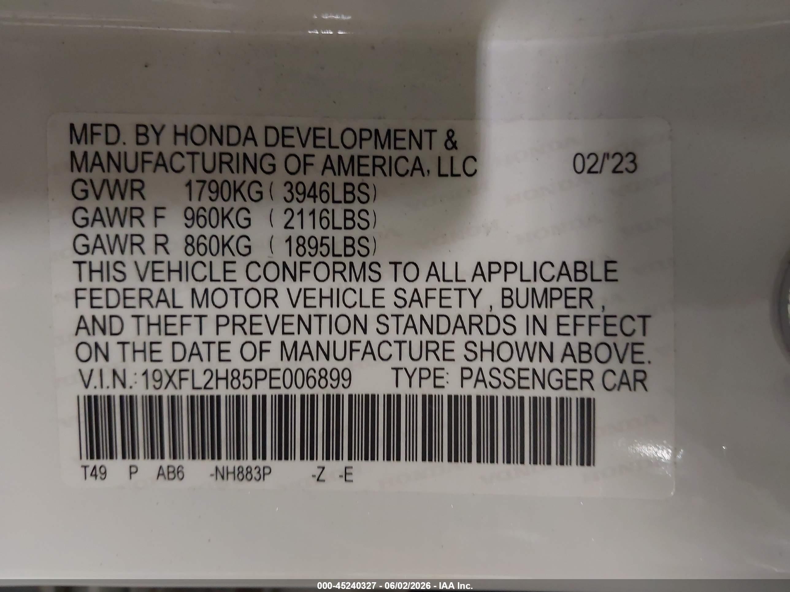 2023 Honda Civic Sport White vin: 19XFL2H85PE006899
