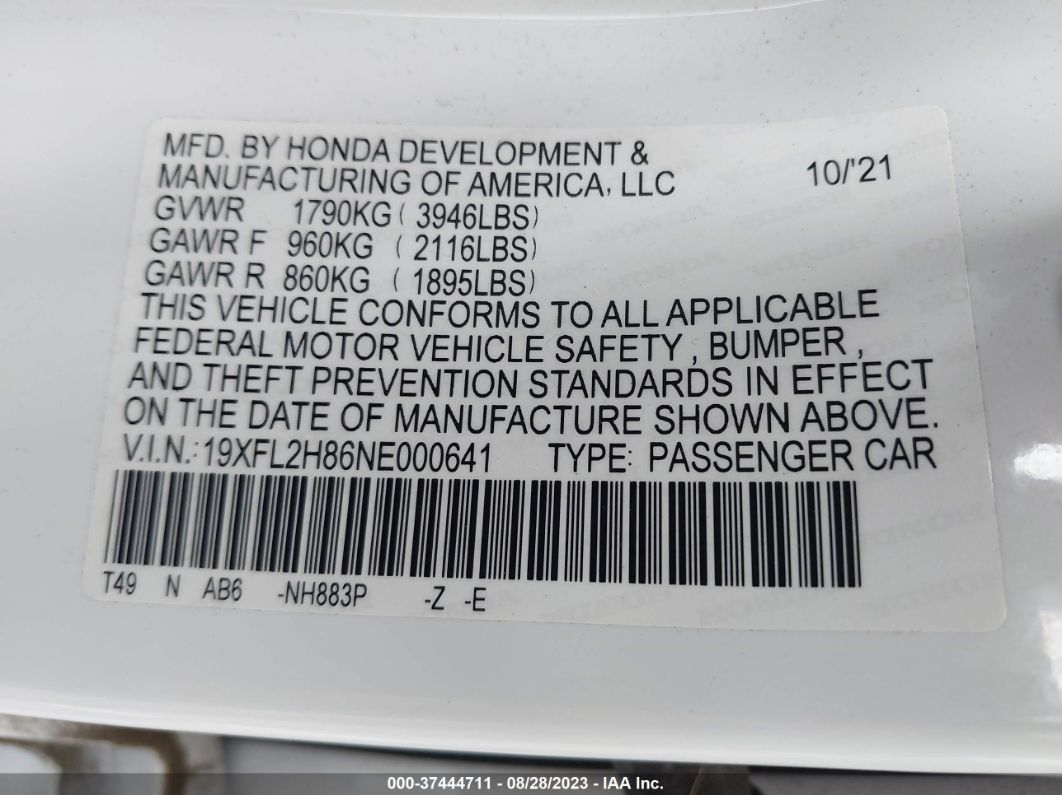 2022 Honda Civic Hatchback Sport Белый vin: 19XFL2H86NE000641