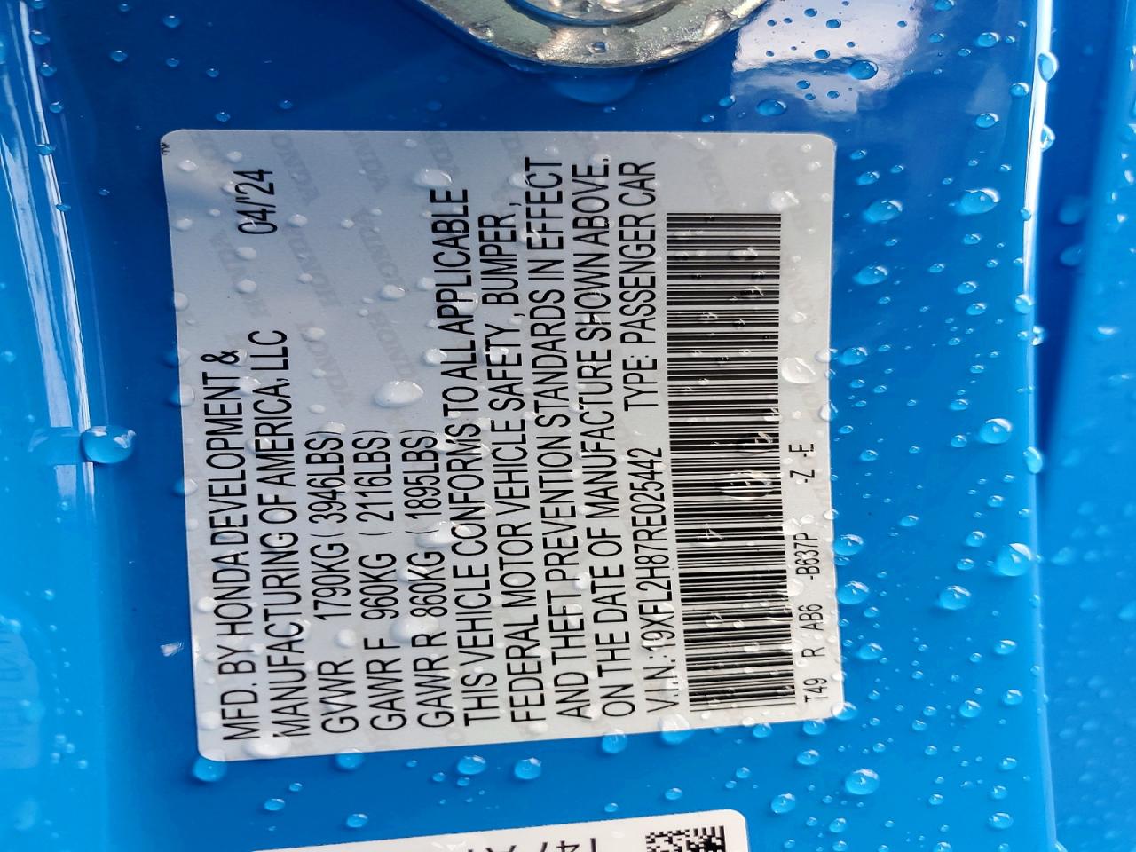 2024 Honda Civic Sport Blue vin: 19XFL2H87RE025442