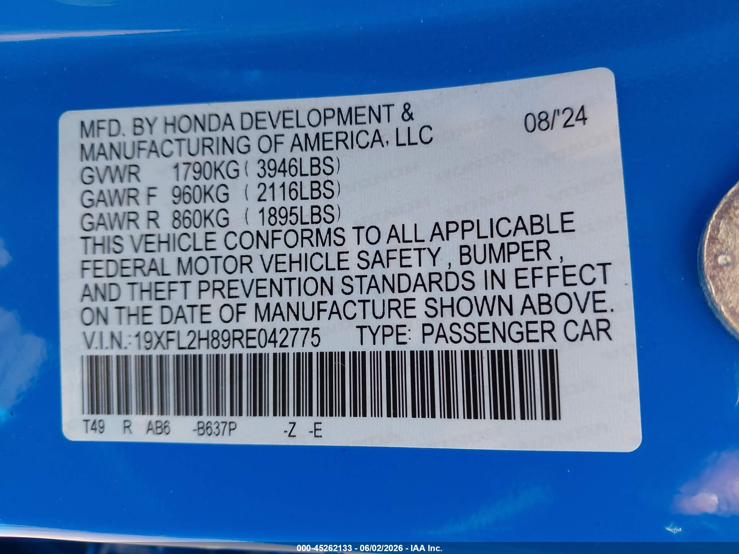 2024 Honda Civic Sport Blue vin: 19XFL2H89RE042775