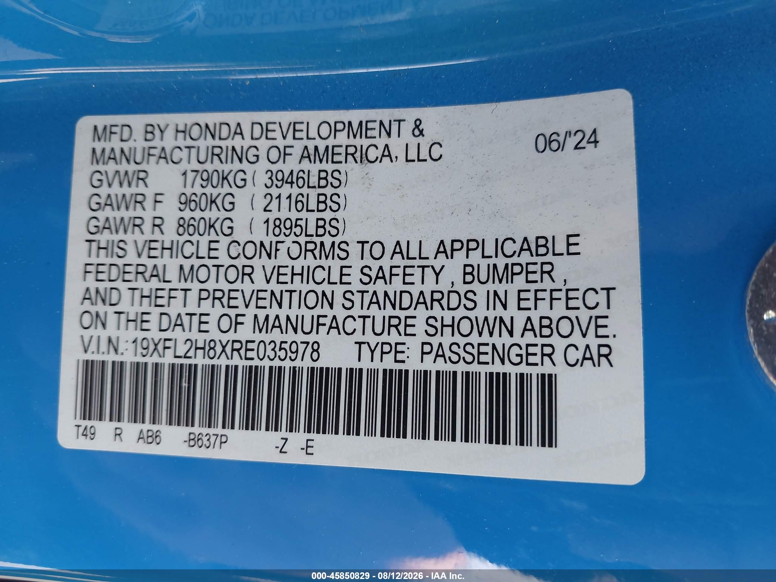 2024 Honda Civic Sport Blue vin: 19XFL2H8XRE035978