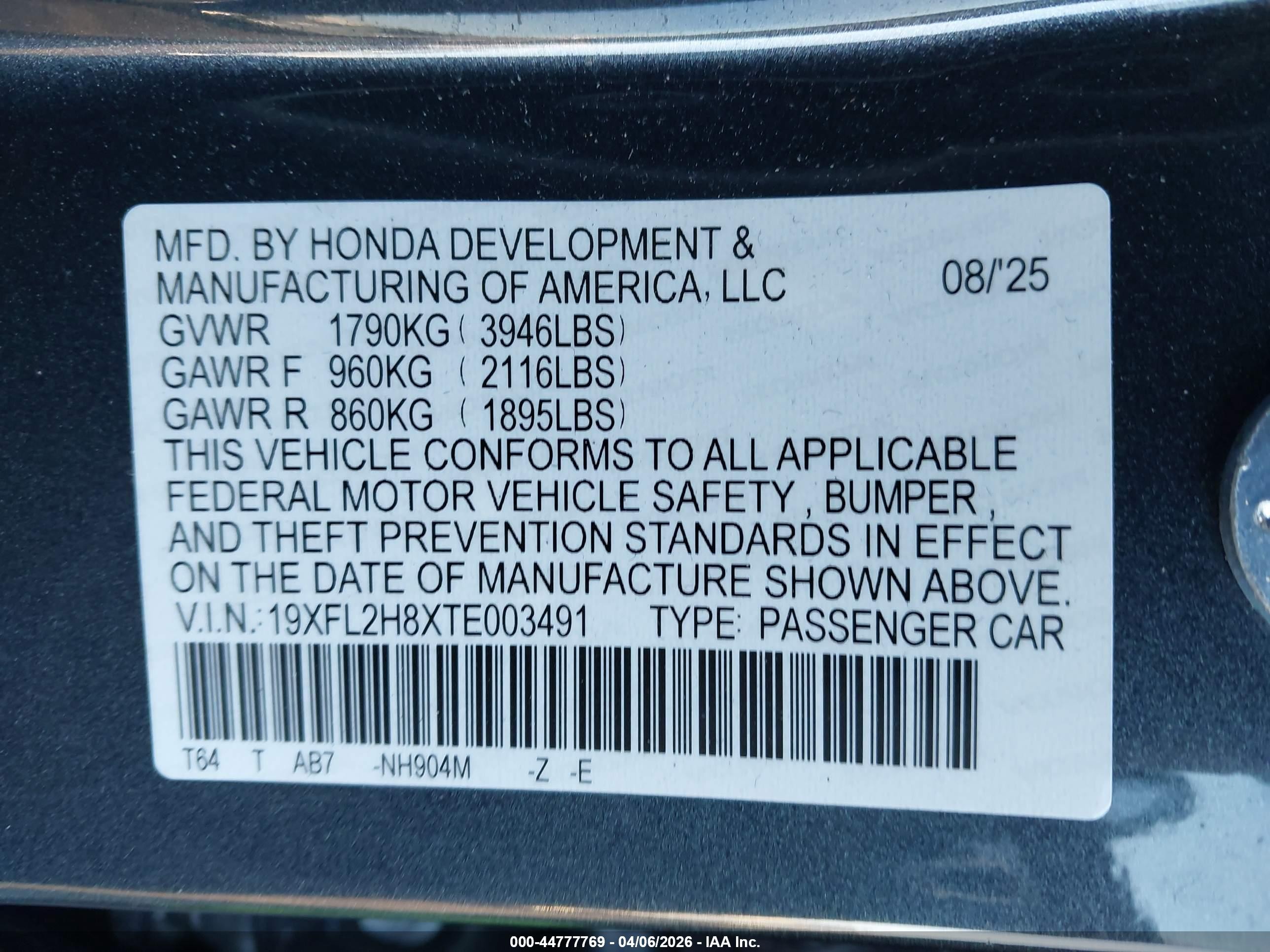 2026 Honda Civic Sport Gray vin: 19XFL2H8XTE003491