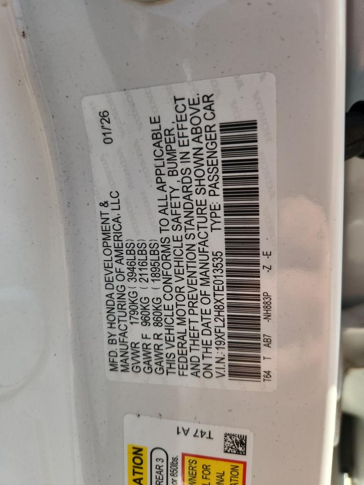 2026 Honda Civic Sport White vin: 19XFL2H8XTE013535