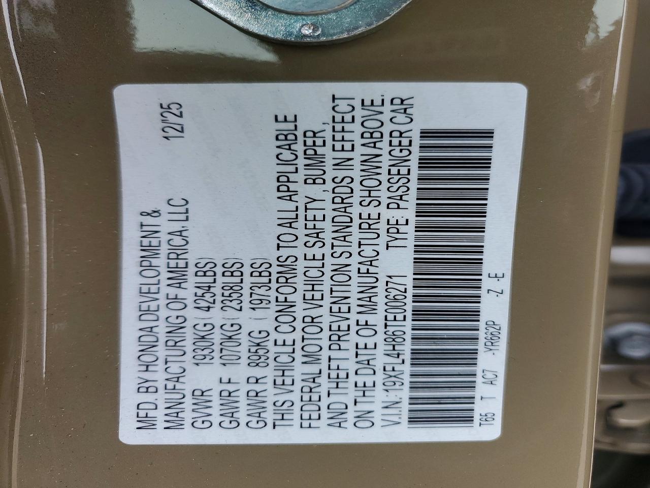 2026 Honda Civic Sport Tan vin: 19XFL4H86TE006271