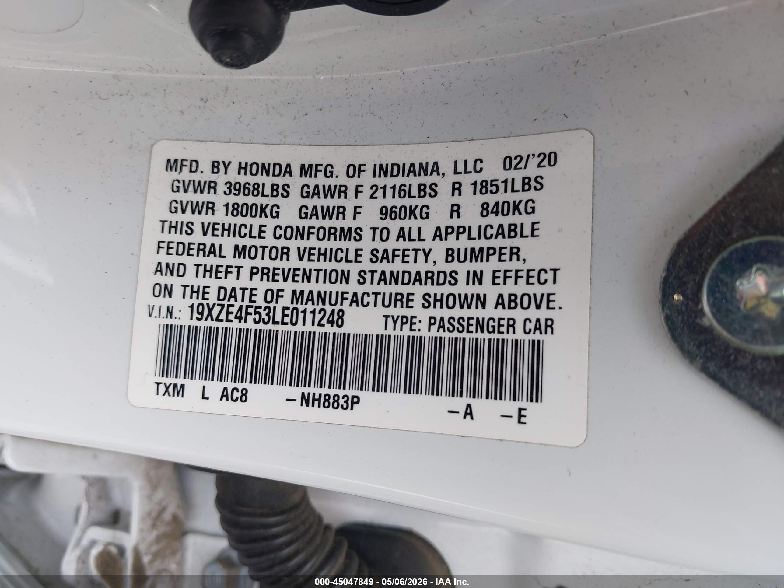 2020 Honda Insight Ex White vin: 19XZE4F53LE011248