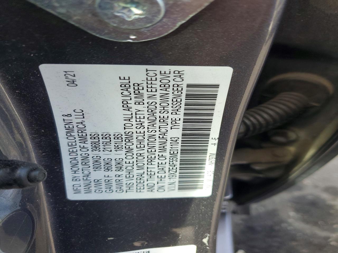 2021 Honda Insight Gray vin: 19XZE4F55ME011043