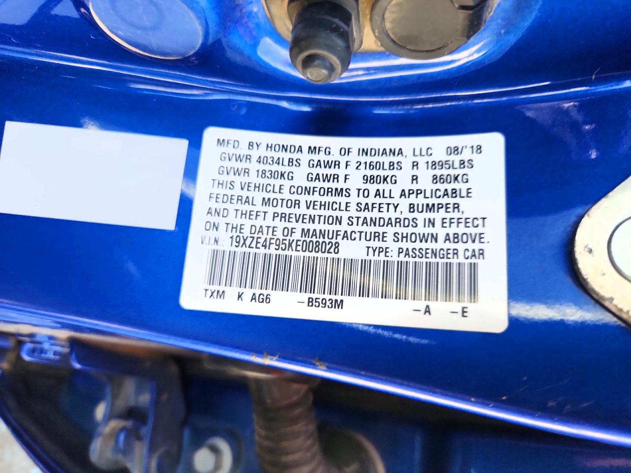 2019 Honda Insight Touring Blue vin: 19XZE4F95KE008028