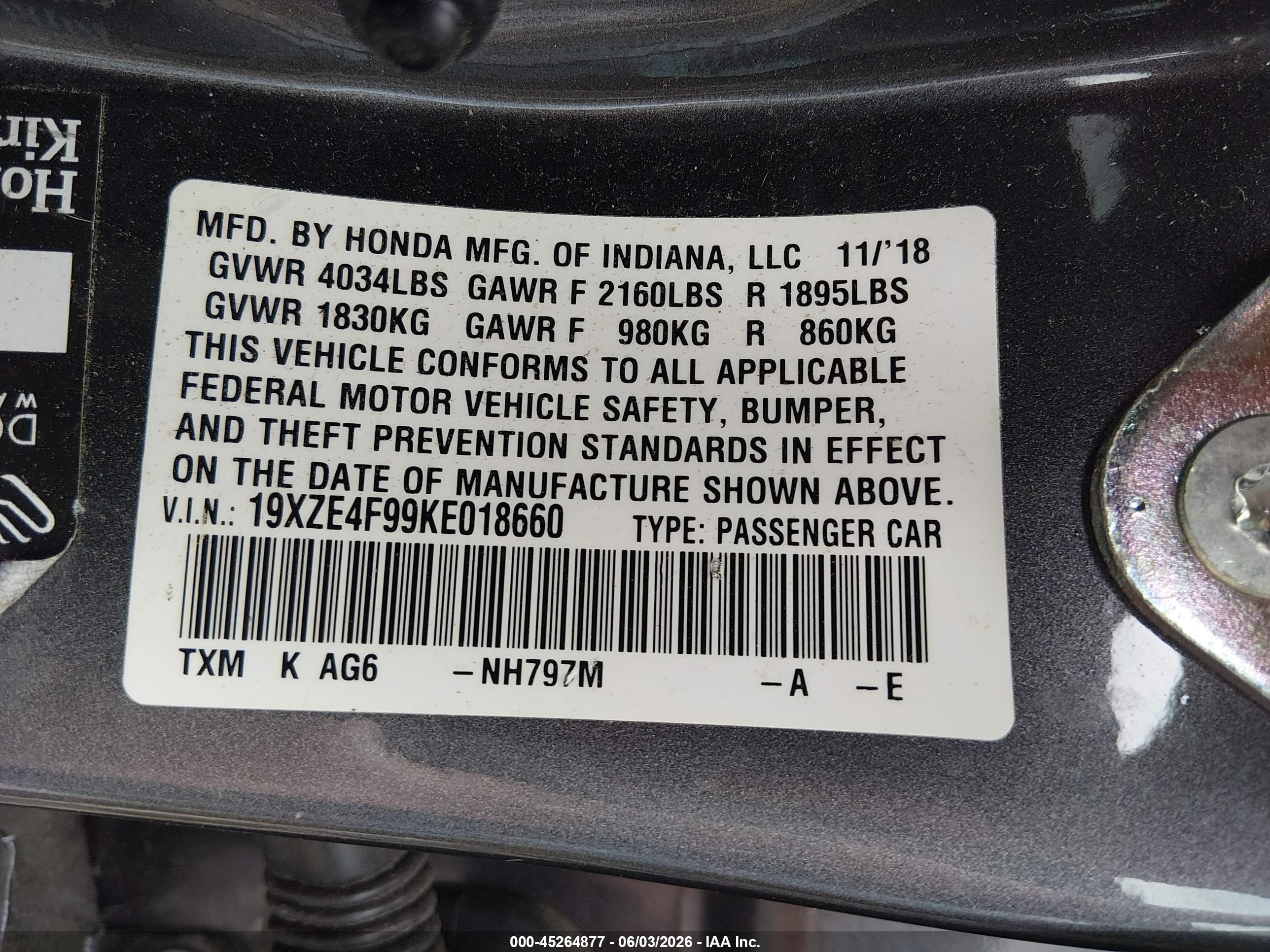 2019 Honda Insight Touring Серый vin: 19XZE4F99KE018660