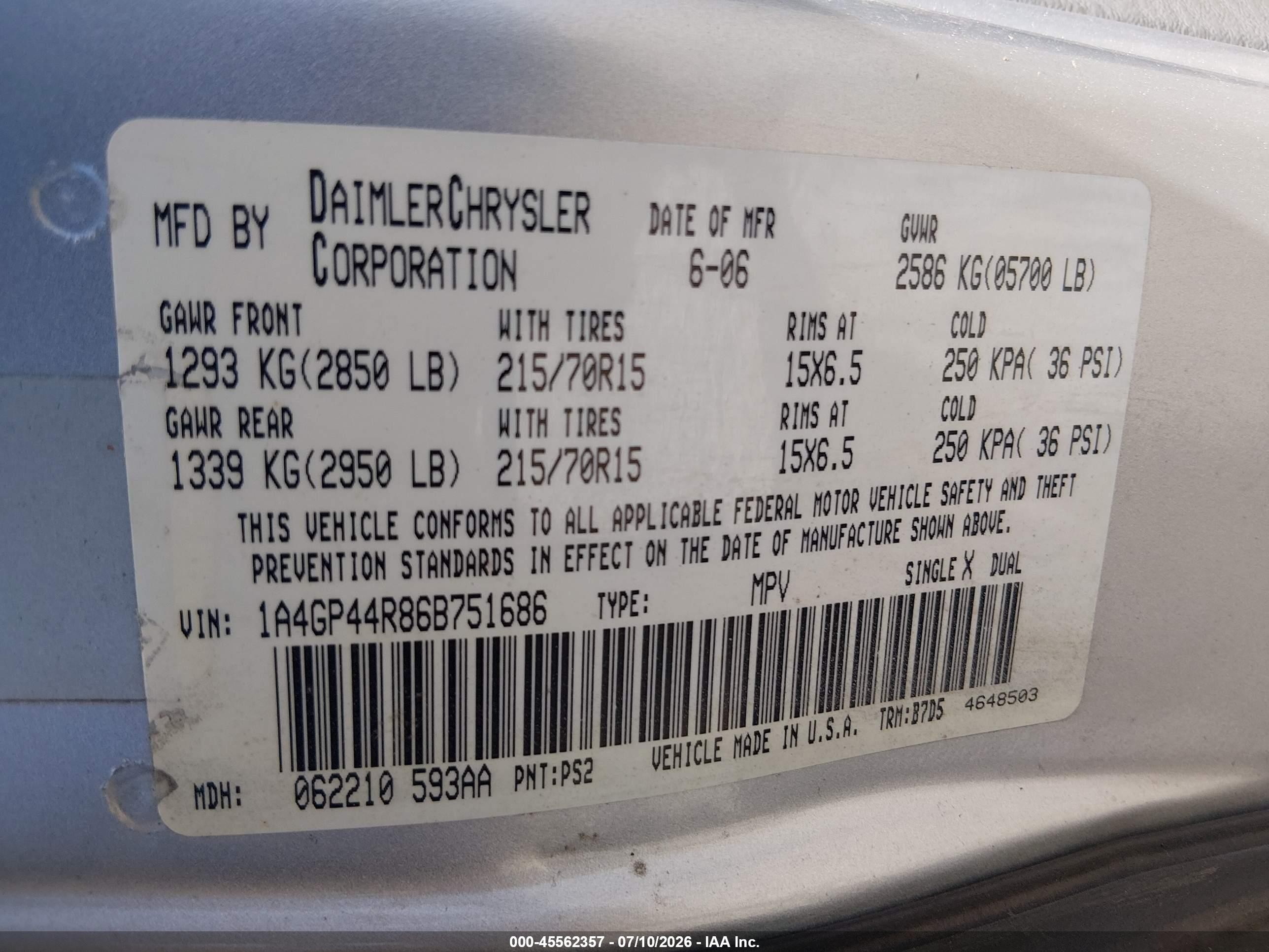2006 Chrysler Town & Country Lx Silver vin: 1A4GP44R86B751686