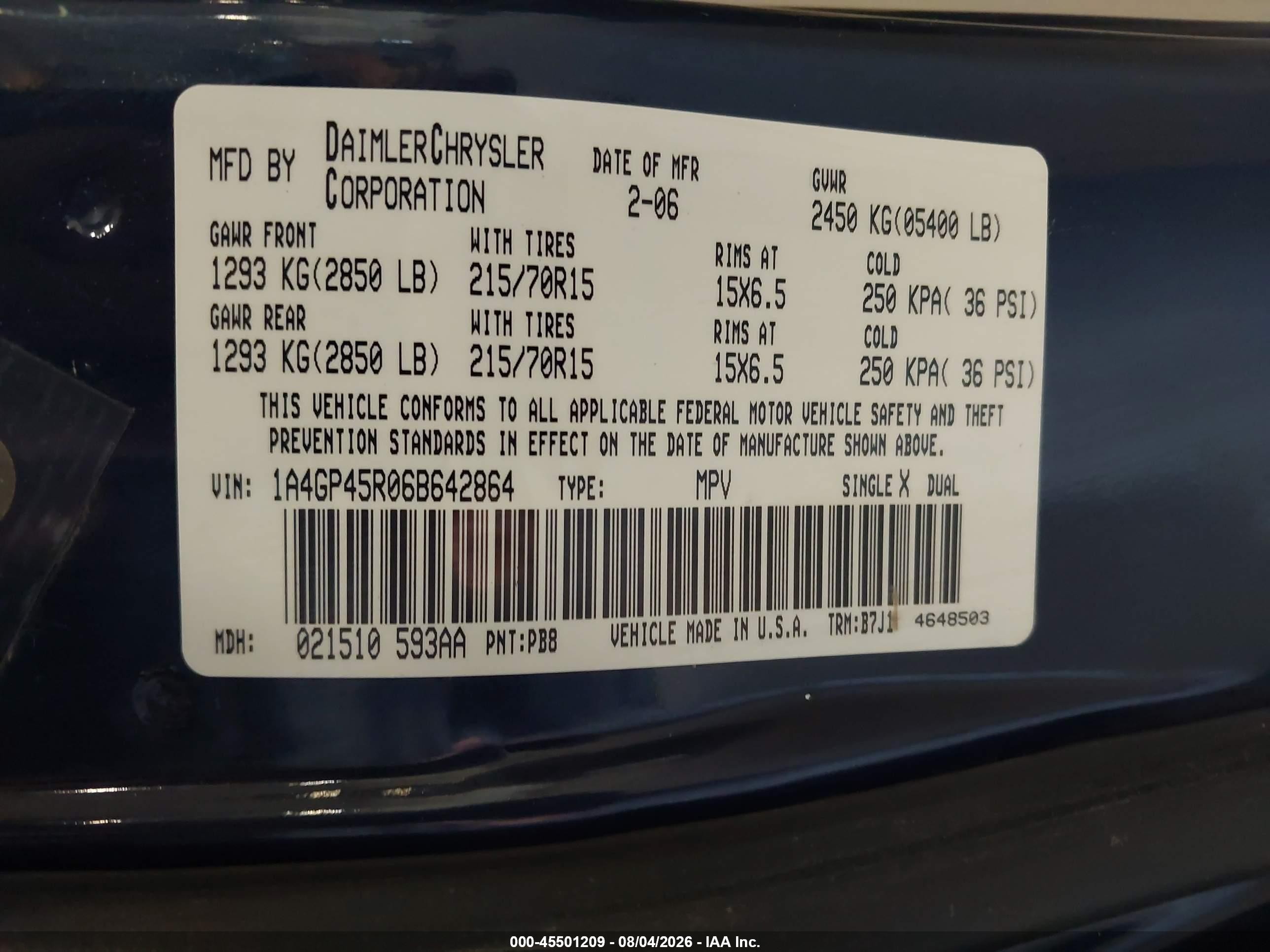 2006 Chrysler Town & Country   Blue vin: 1A4GP45R06B642864