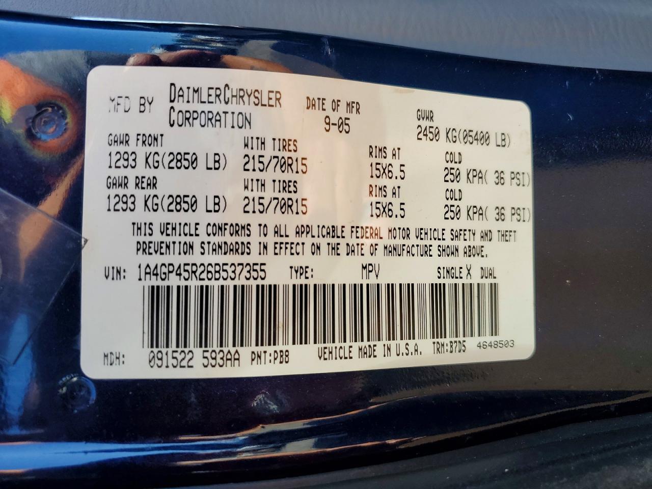 2006 Chrysler Town & Country Blue vin: 1A4GP45R26B537355