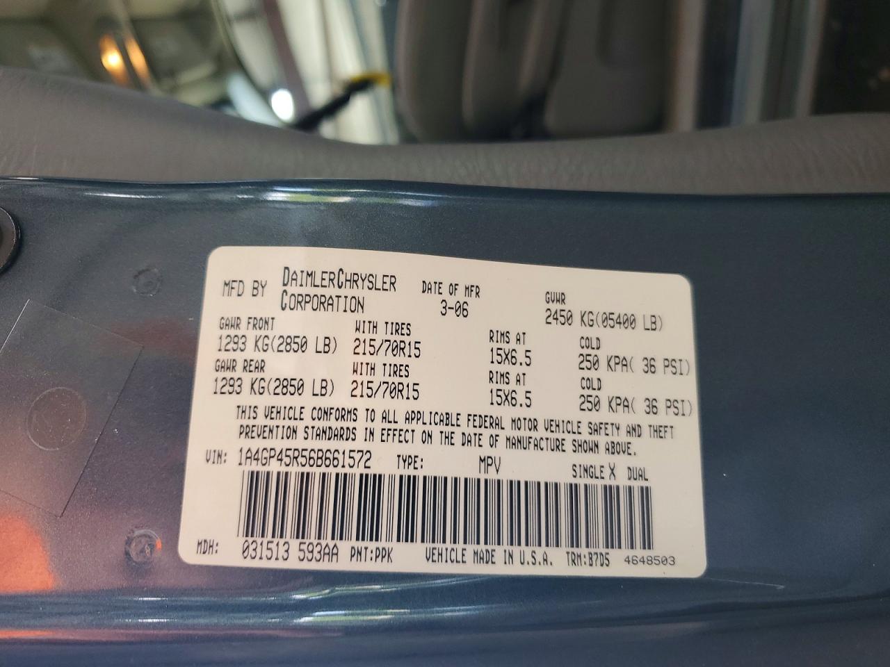 2006 Chrysler Town & Country Blue vin: 1A4GP45R56B661572