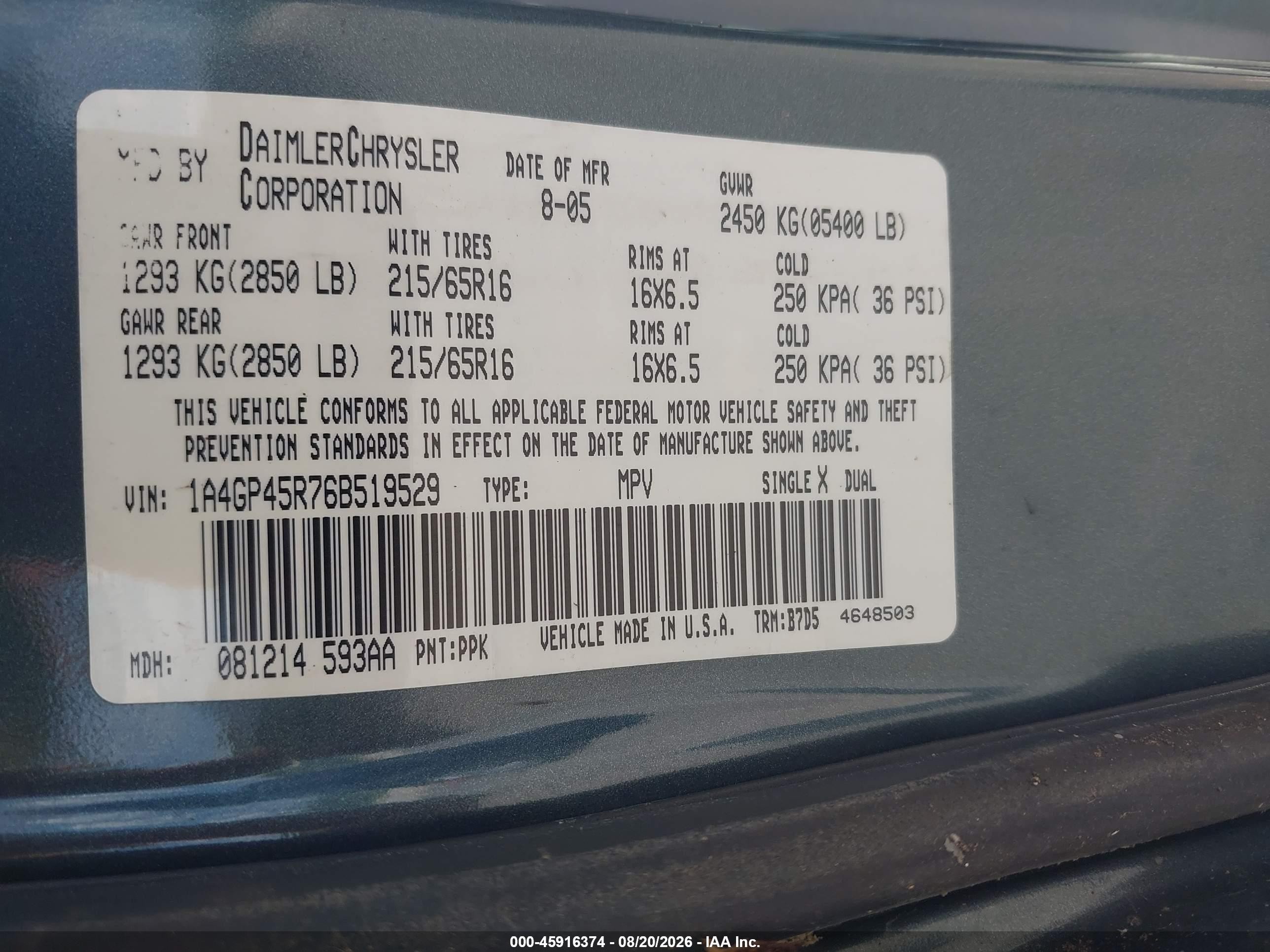 2006 Chrysler Town & Country   Green vin: 1A4GP45R76B519529