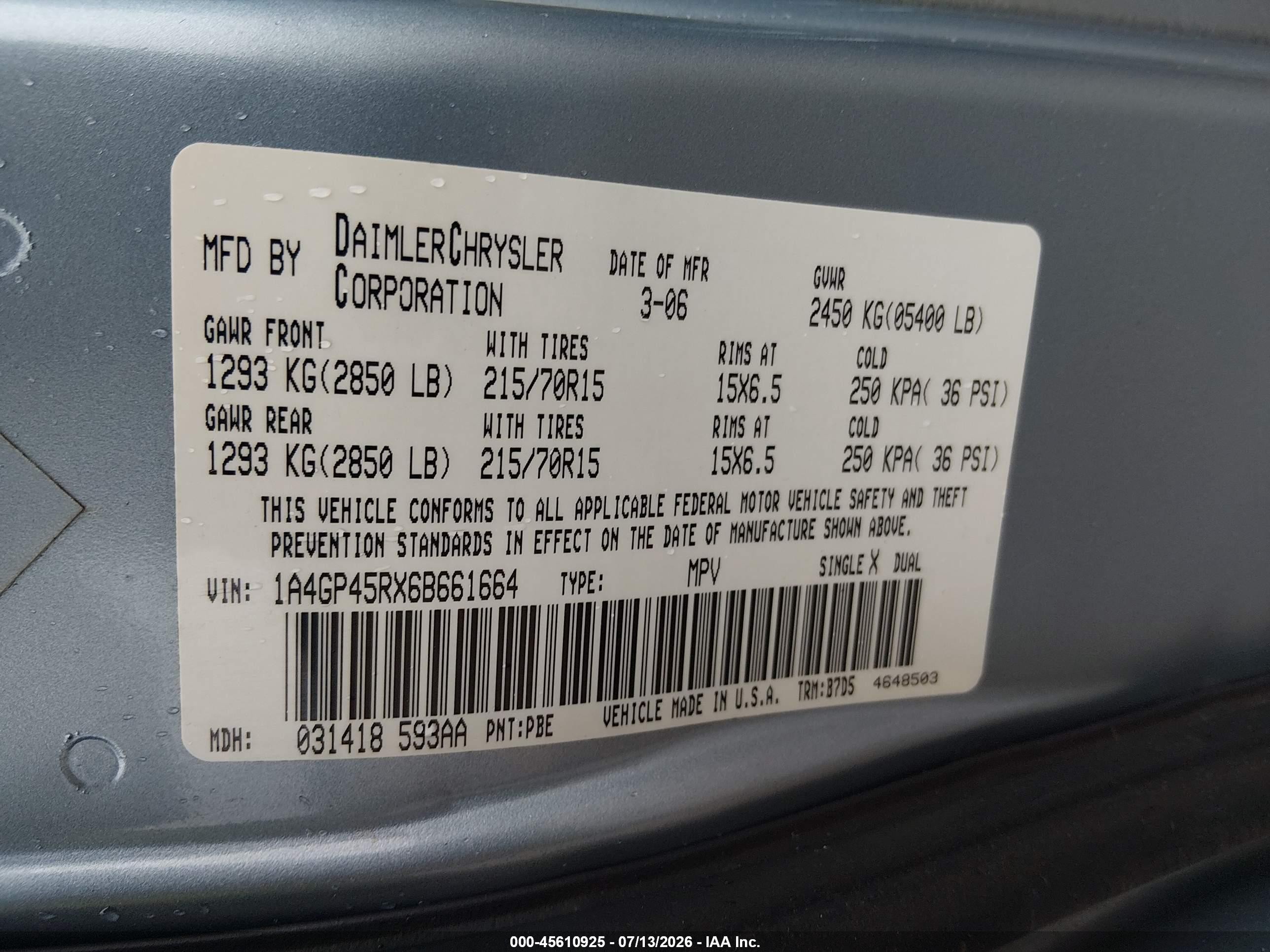 2006 Chrysler Town & Country   Light Blue vin: 1A4GP45RX6B661664
