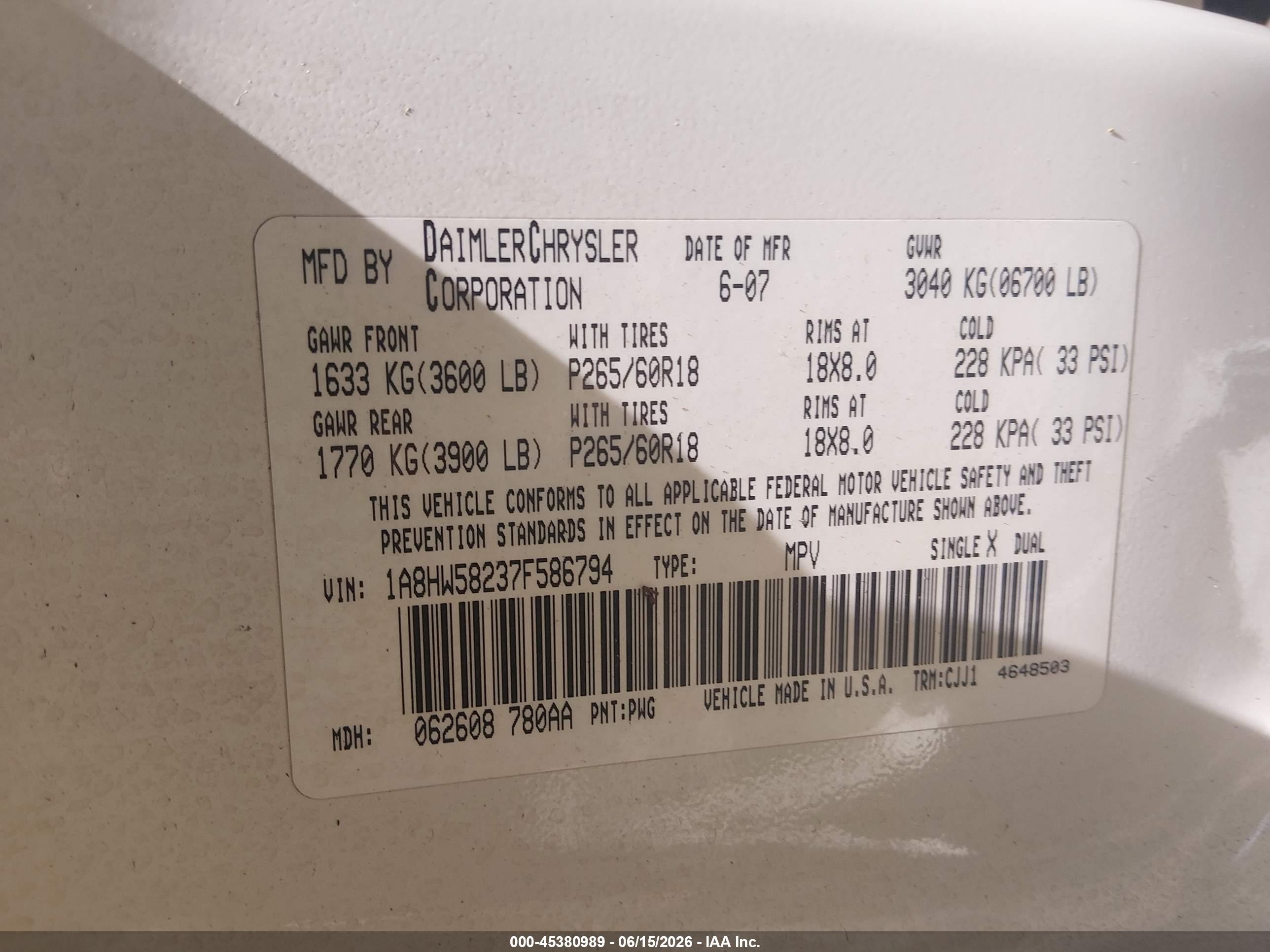 2007 Chrysler Aspen Limited Белый vin: 1A8HW58237F586794
