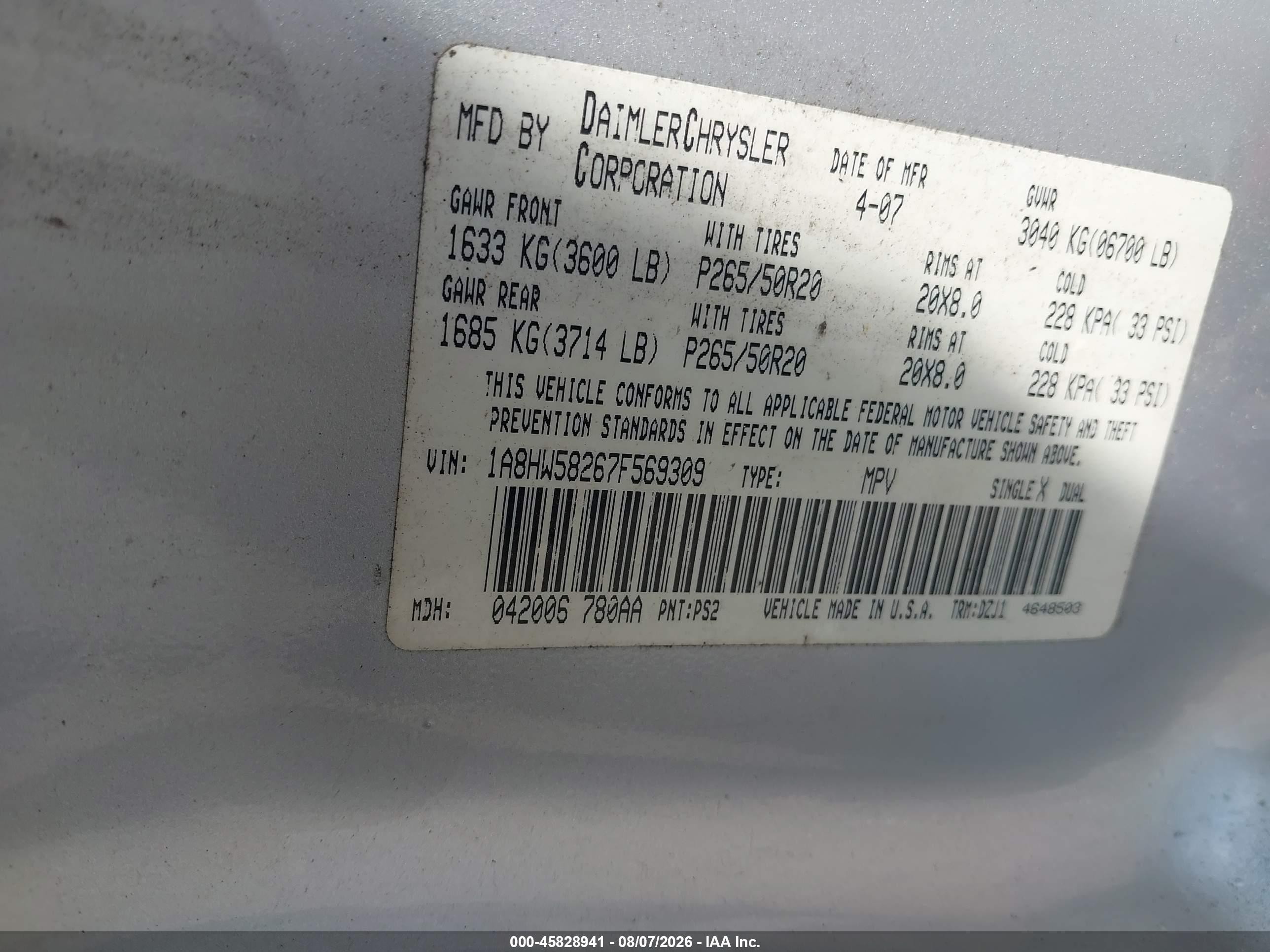 2007 Chrysler Aspen Limited Серебряный vin: 1A8HW58267F569309