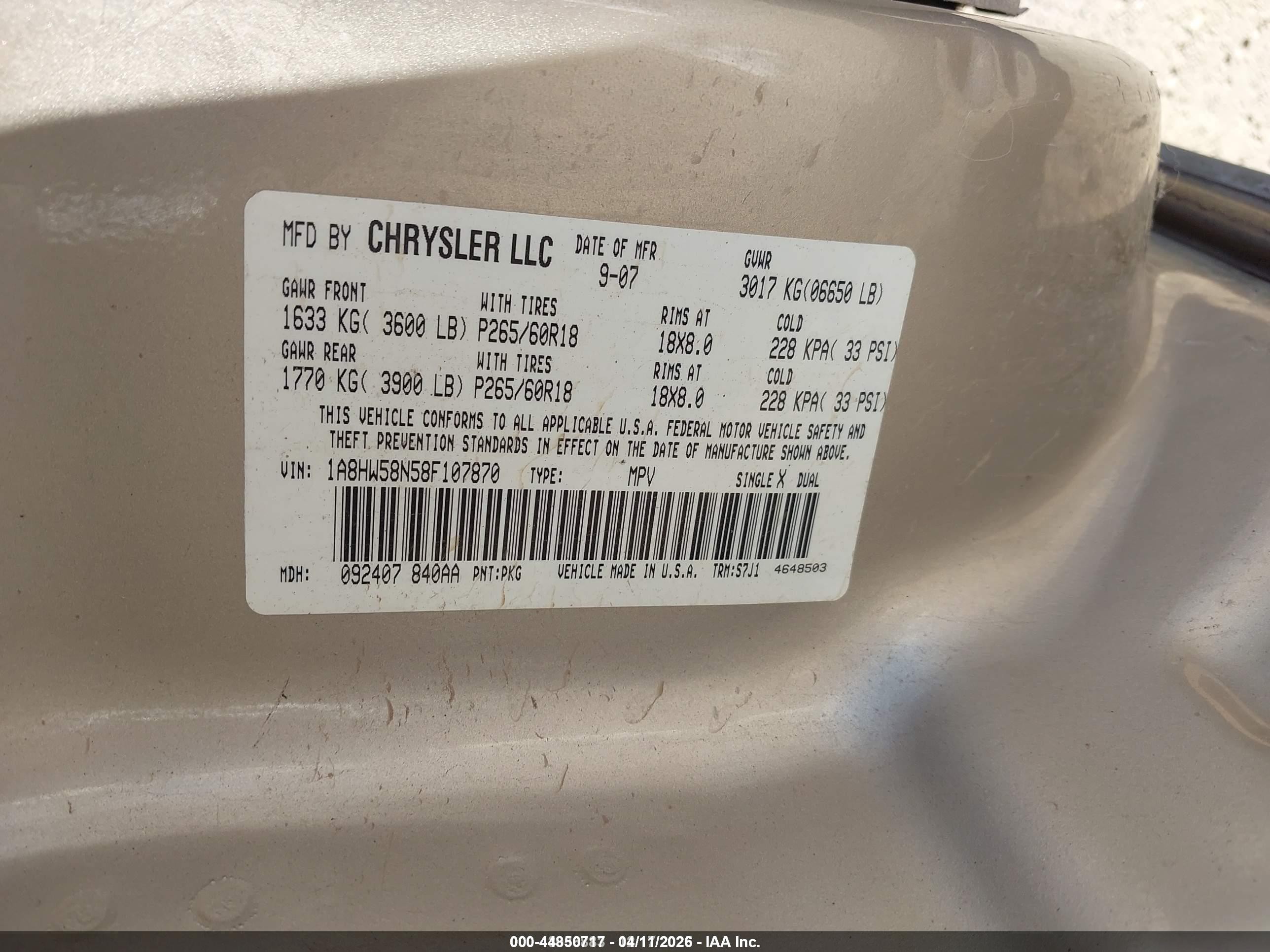 2008 Chrysler Aspen Limited Tan vin: 1A8HW58N58F107870