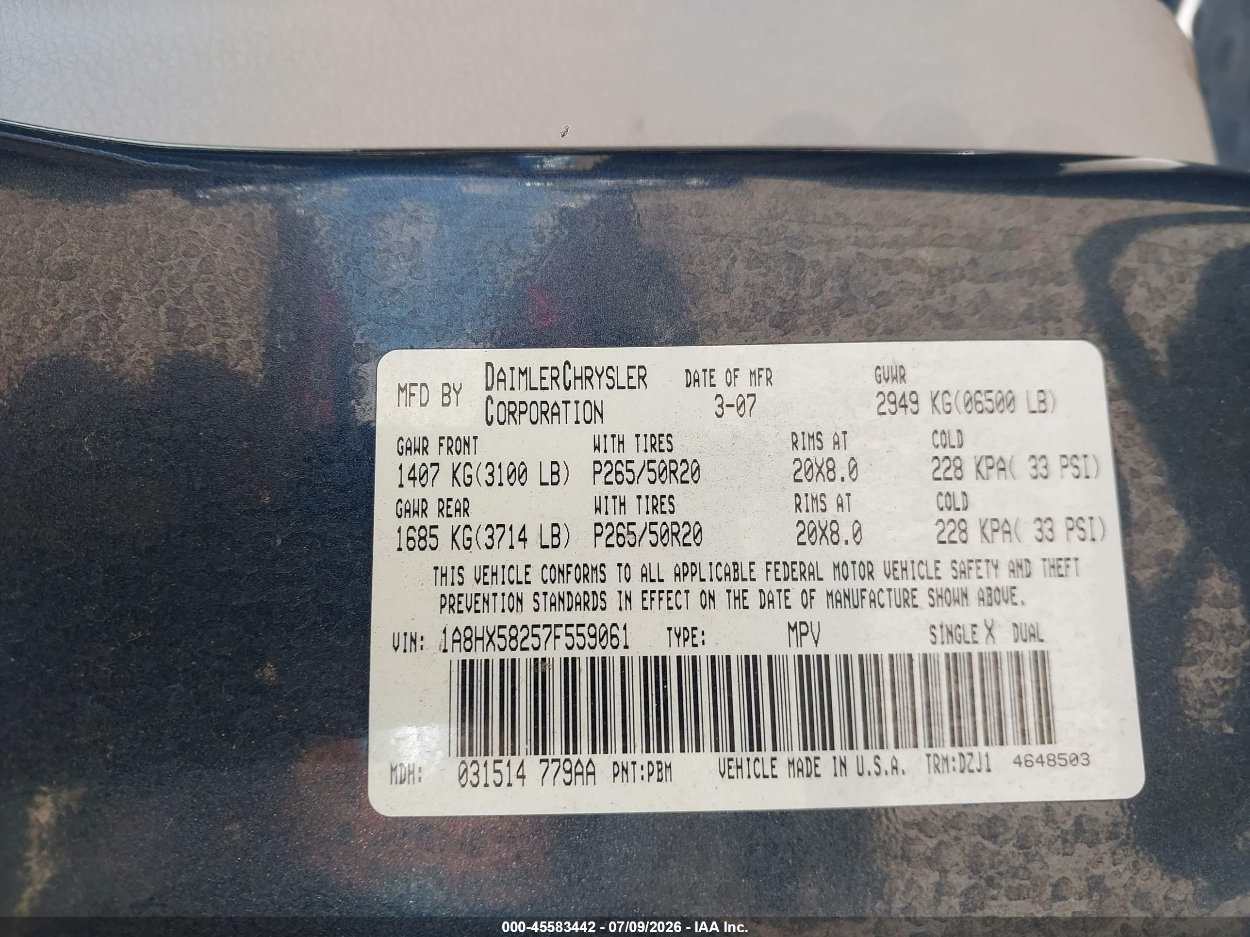 2007 Chrysler Aspen Limited Blue vin: 1A8HX58257F559061