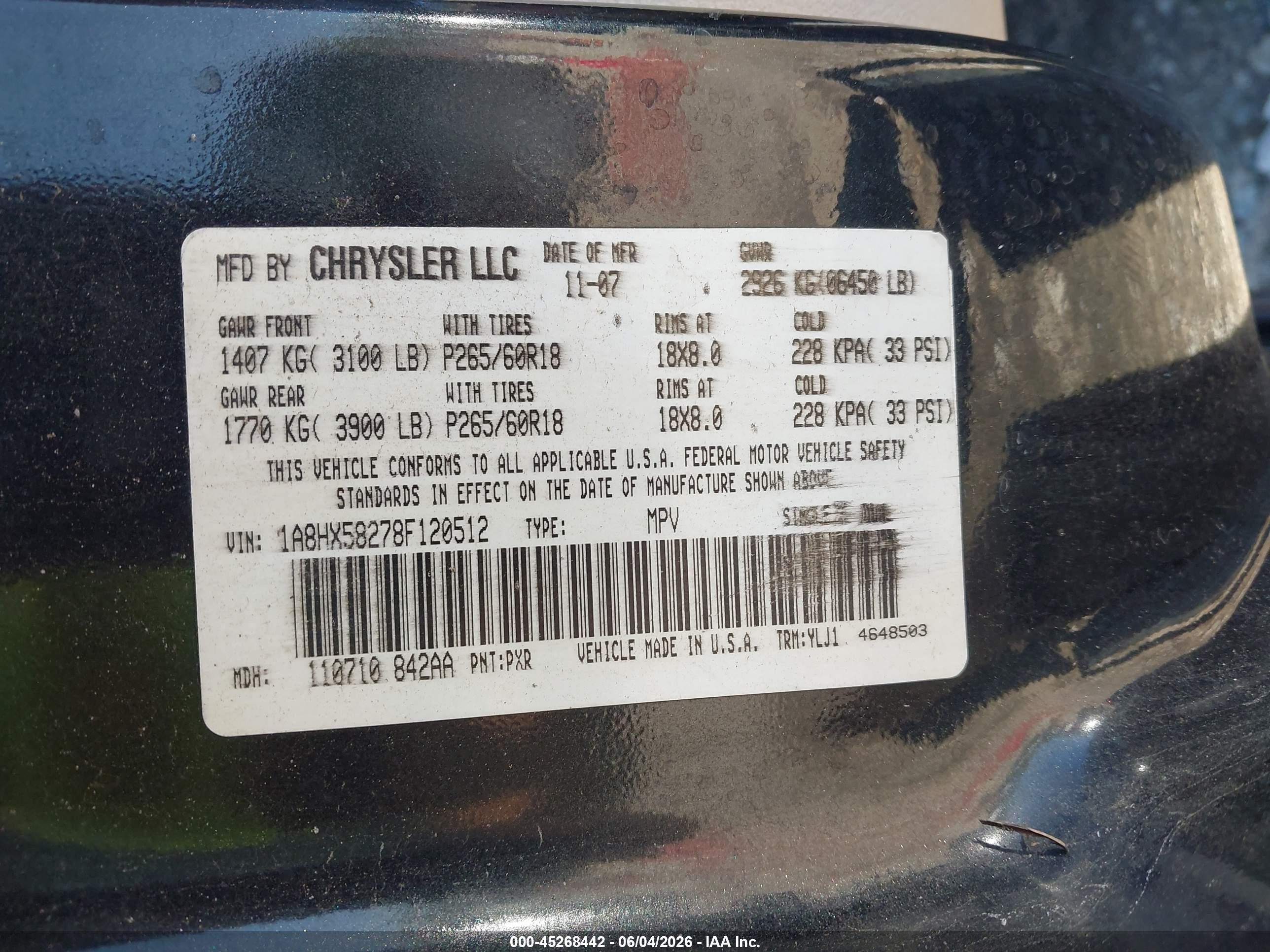 2008 Chrysler Aspen Limited Black vin: 1A8HX58278F120512