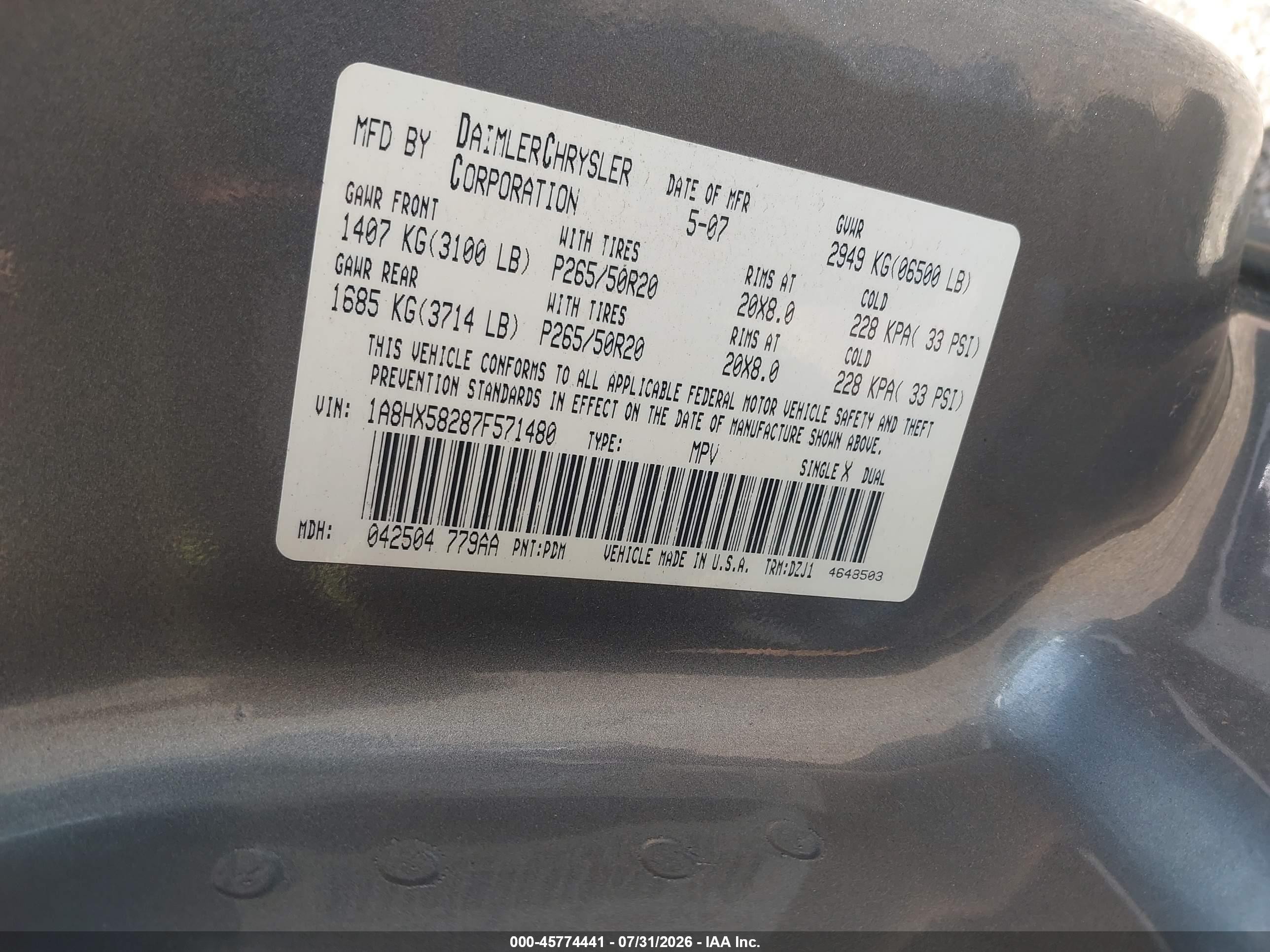 2007 Chrysler Aspen Limited Silver vin: 1A8HX58287F571480