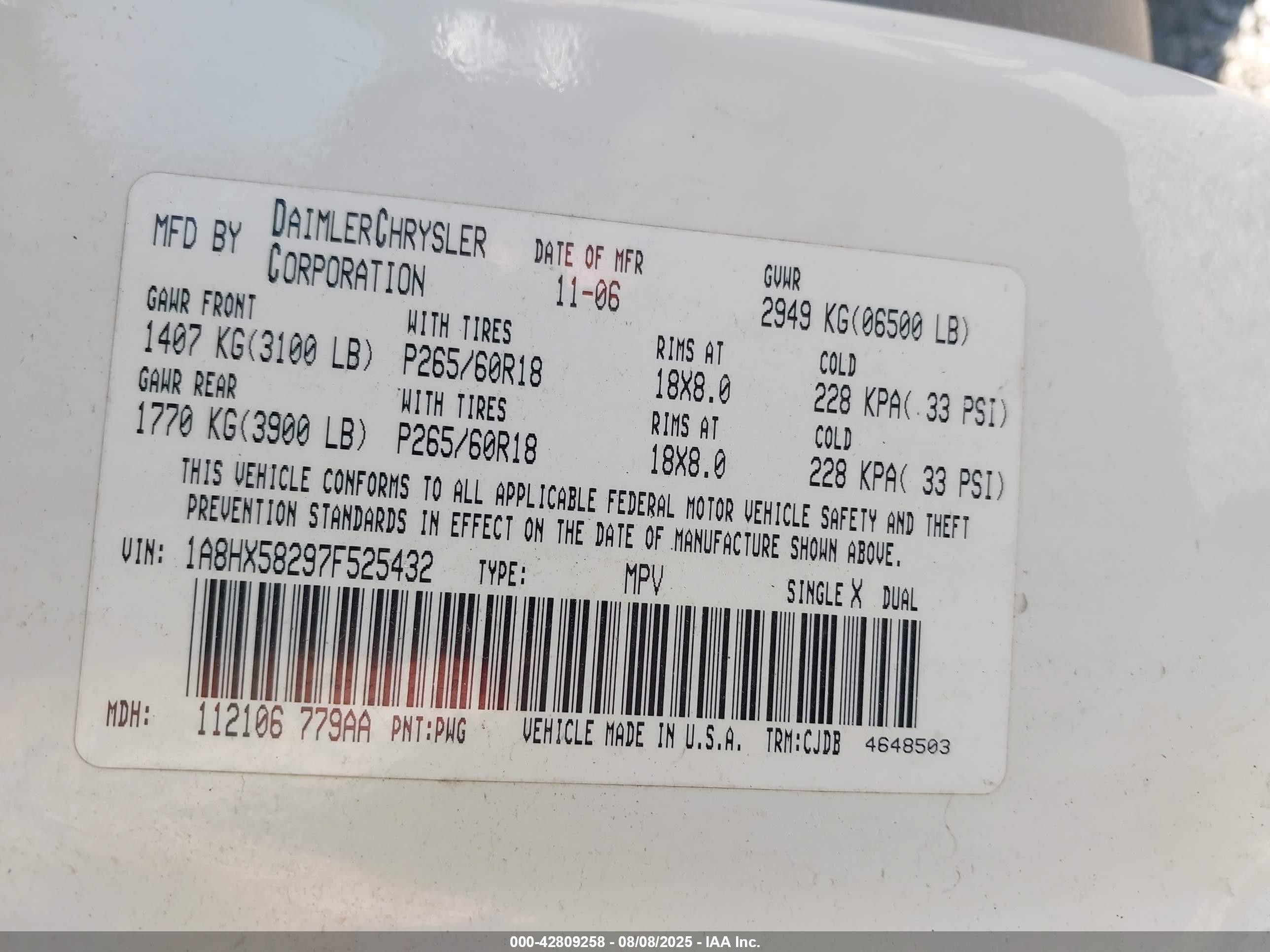 2007 Chrysler Aspen Limited White vin: 1A8HX58297F525432