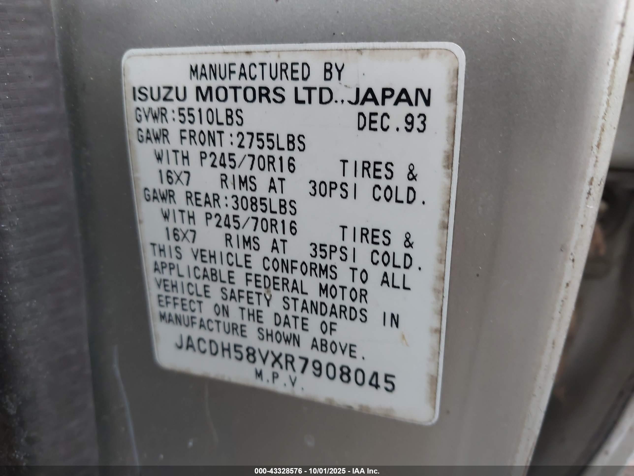 1999 Isuzu Trooper   Gold vin: 1ACDH58VXR7908045