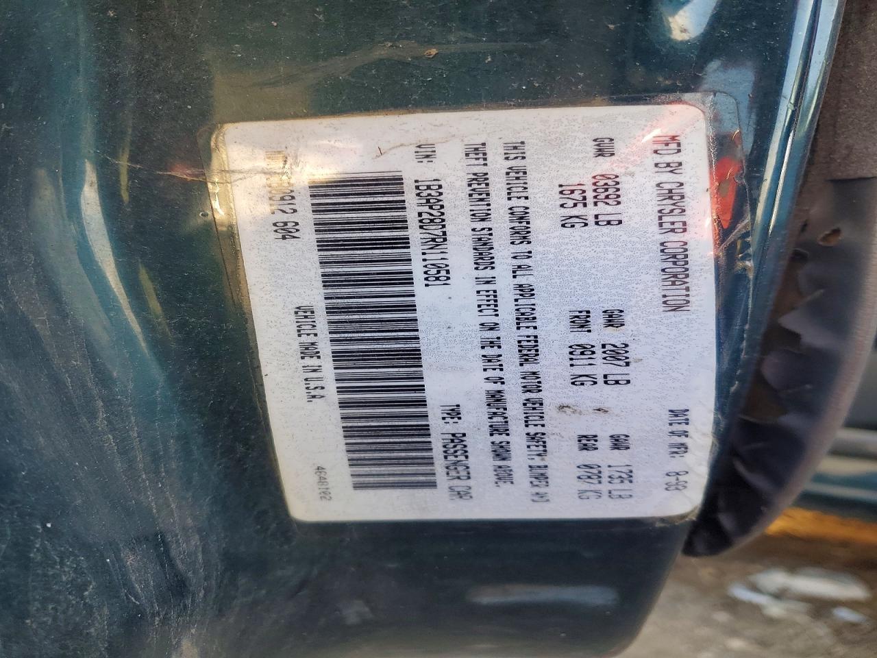 1994 Dodge Shadow Green vin: 1B3AP28D7RN110581
