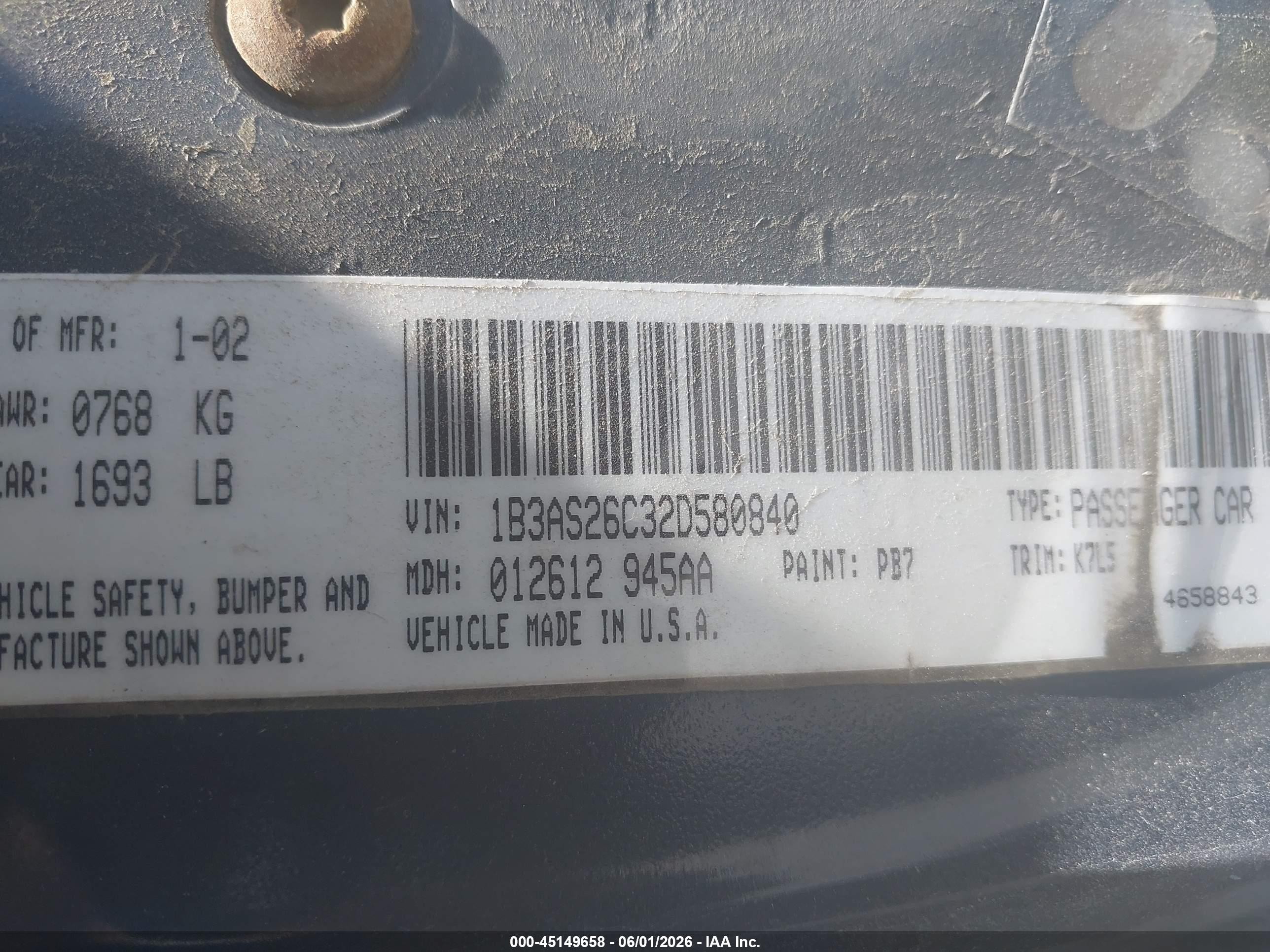 2002 Dodge Neon   Blue vin: 1B3AS26C32D580840