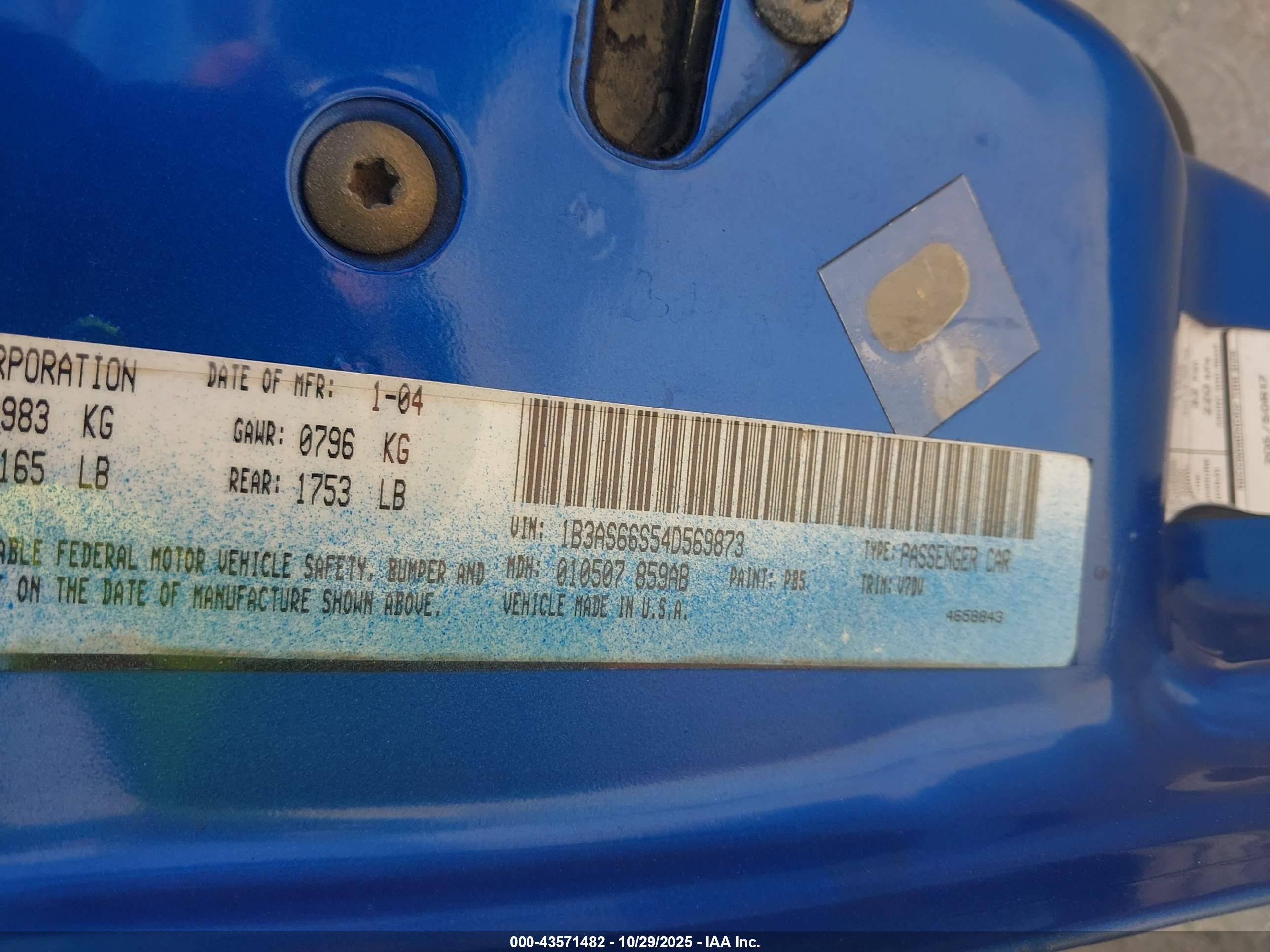 2004 Dodge Srt4   Blue vin: 1B3AS66S54D569873