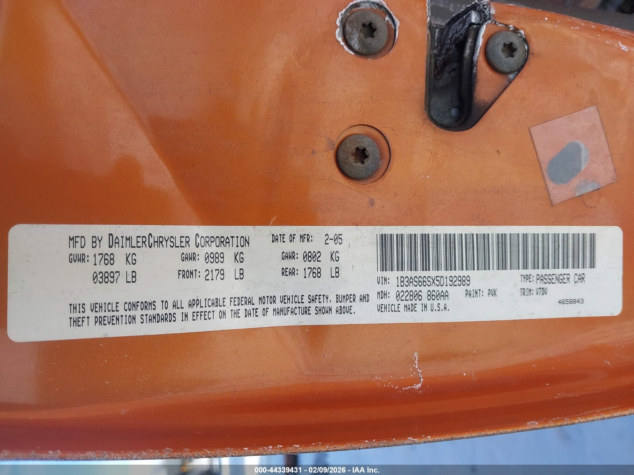 2005 Dodge Srt4   Orange vin: 1B3AS66SX5D192989