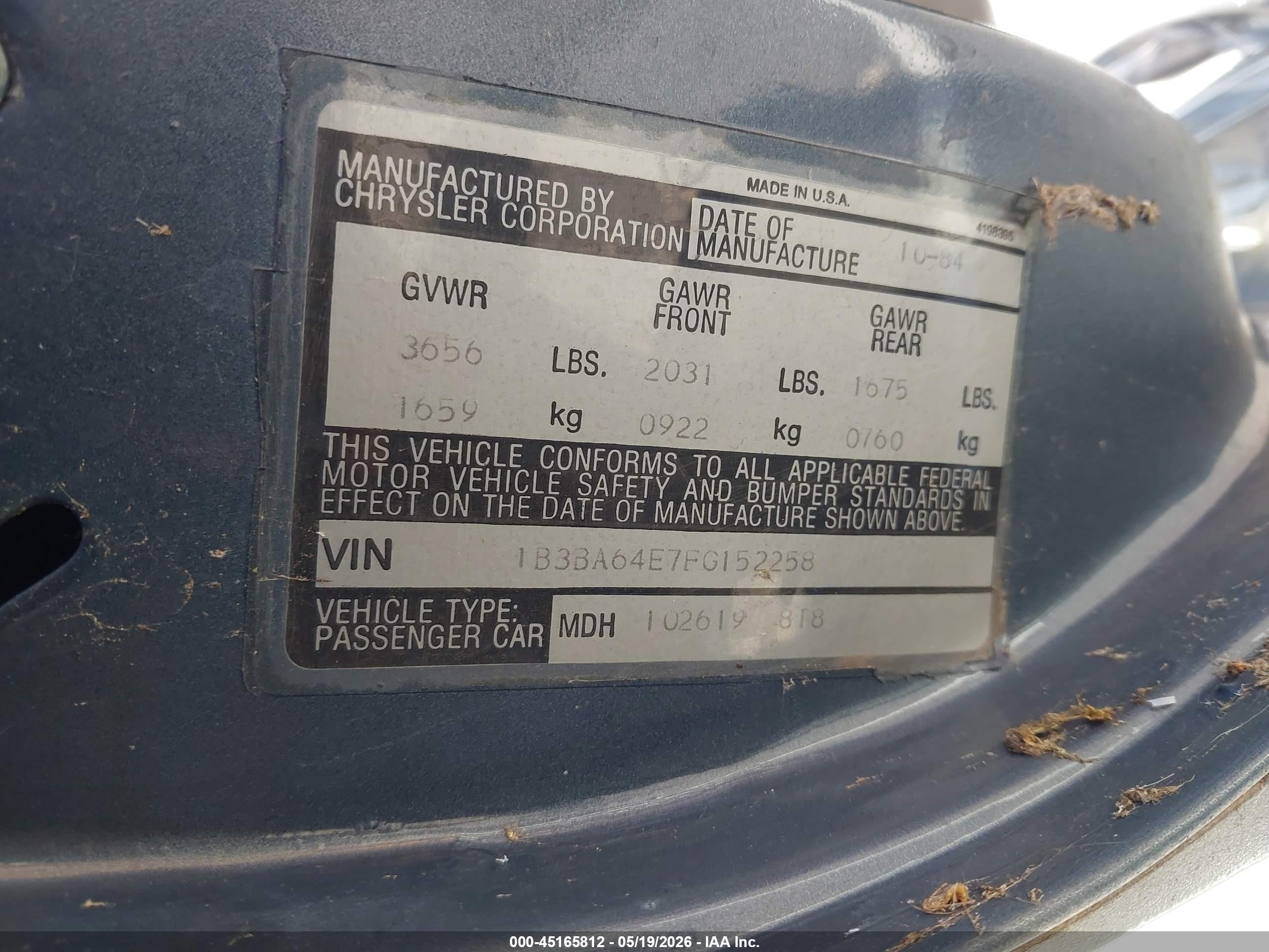 1985 Dodge Daytona Turbo Blue vin: 1B3BA64E7FG152258