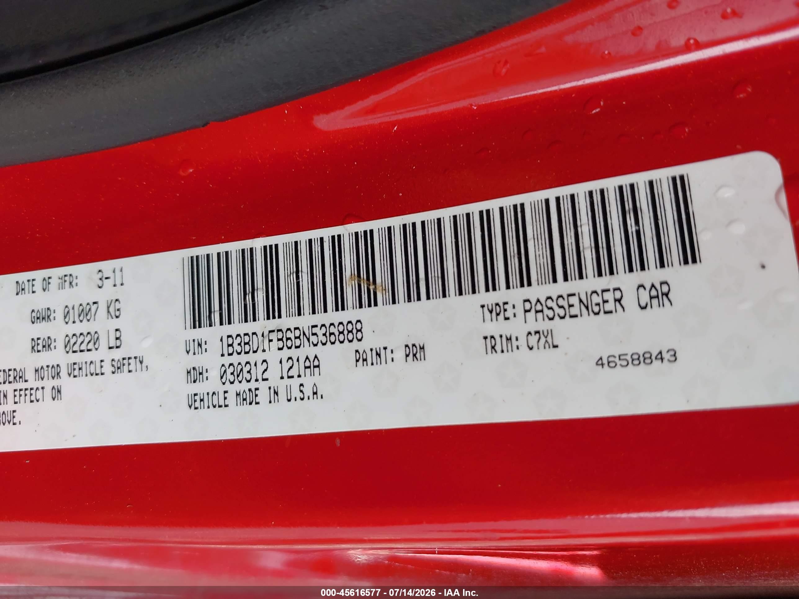 2011 Dodge Avenger Mainstreet Red vin: 1B3BD1FB6BN536888