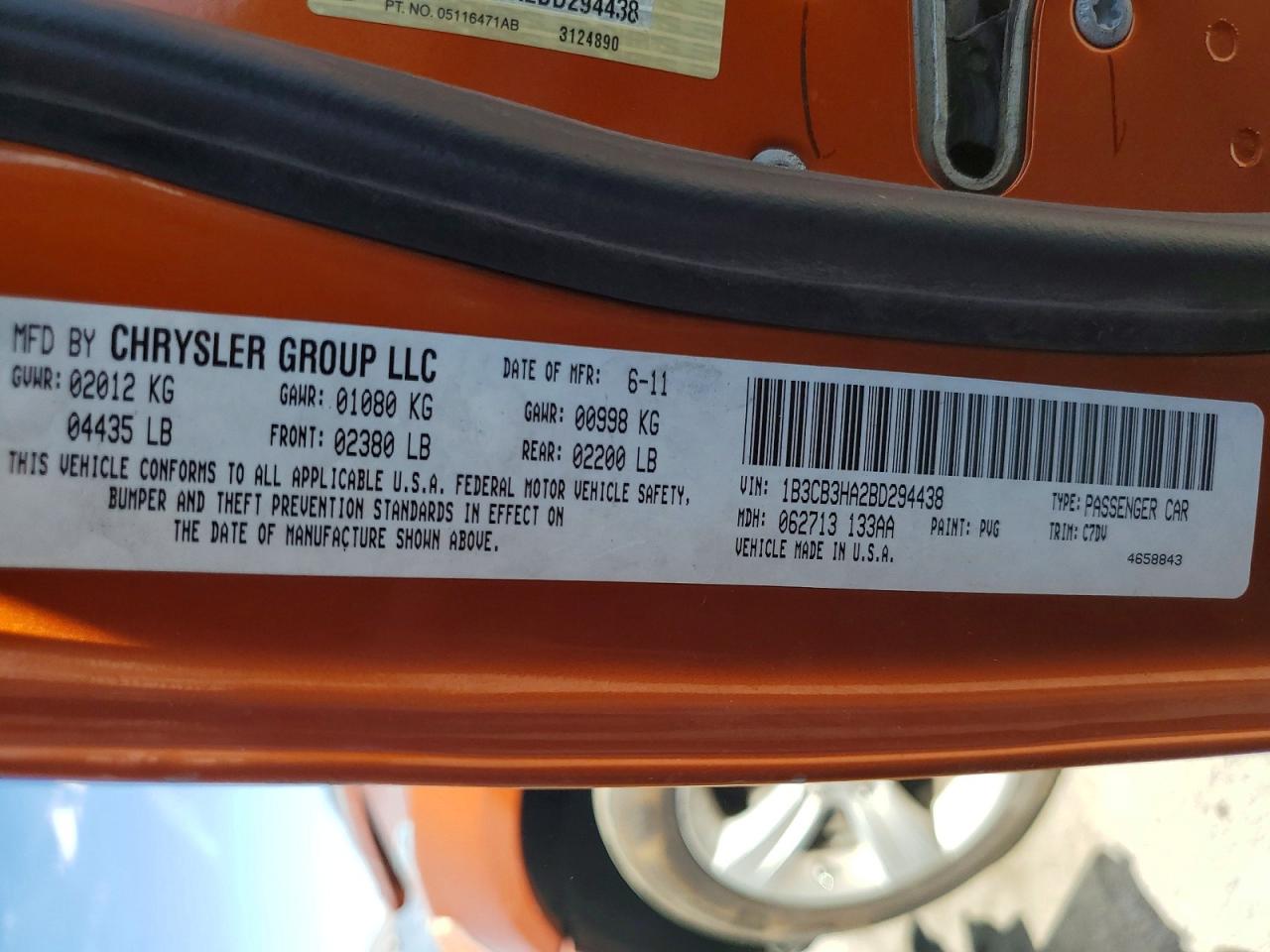 2011 Dodge Caliber Mainstreet Orange vin: 1B3CB3HA2BD294438