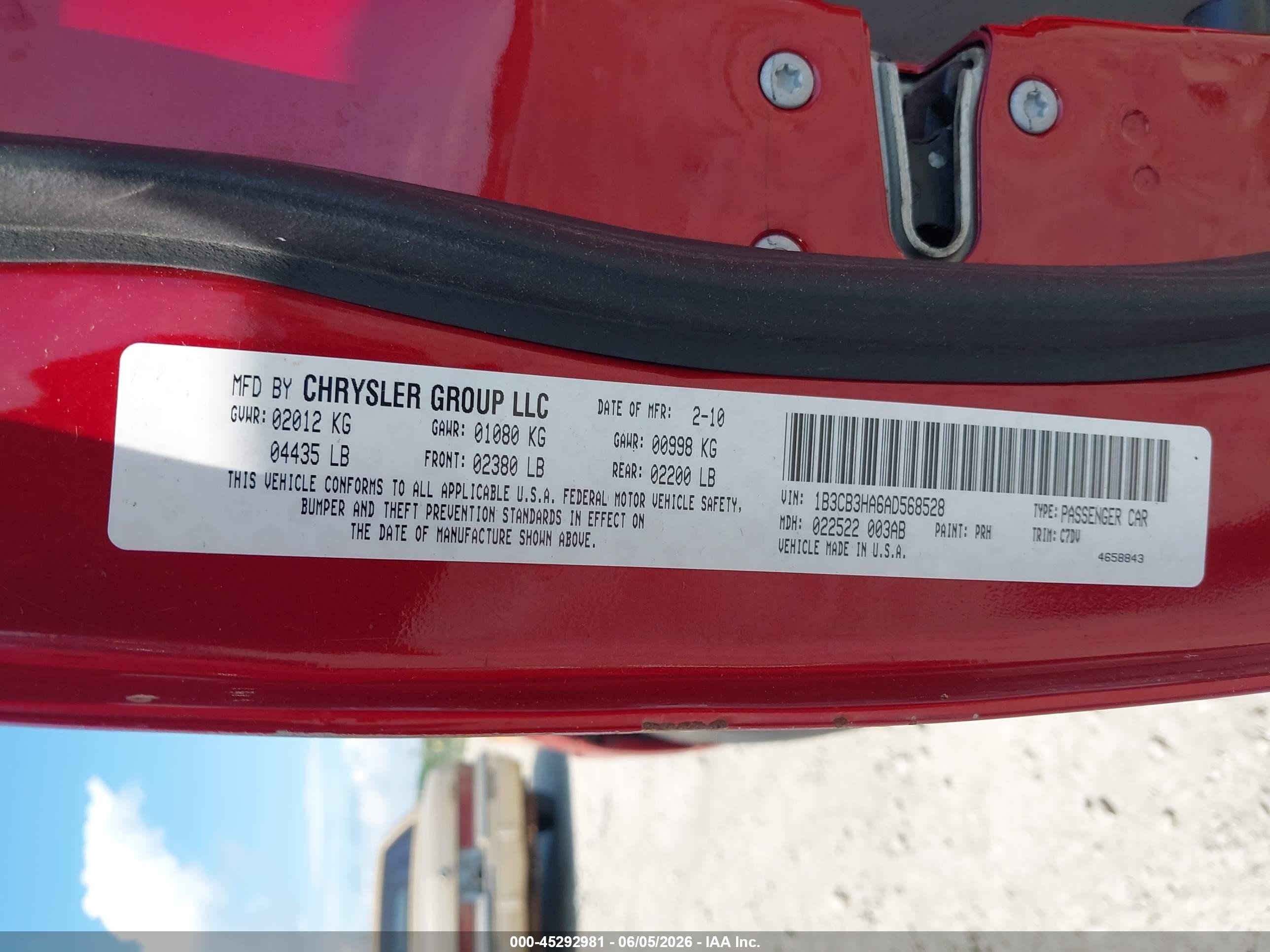 2010 Dodge Caliber Mainstreet Red vin: 1B3CB3HA6AD568528