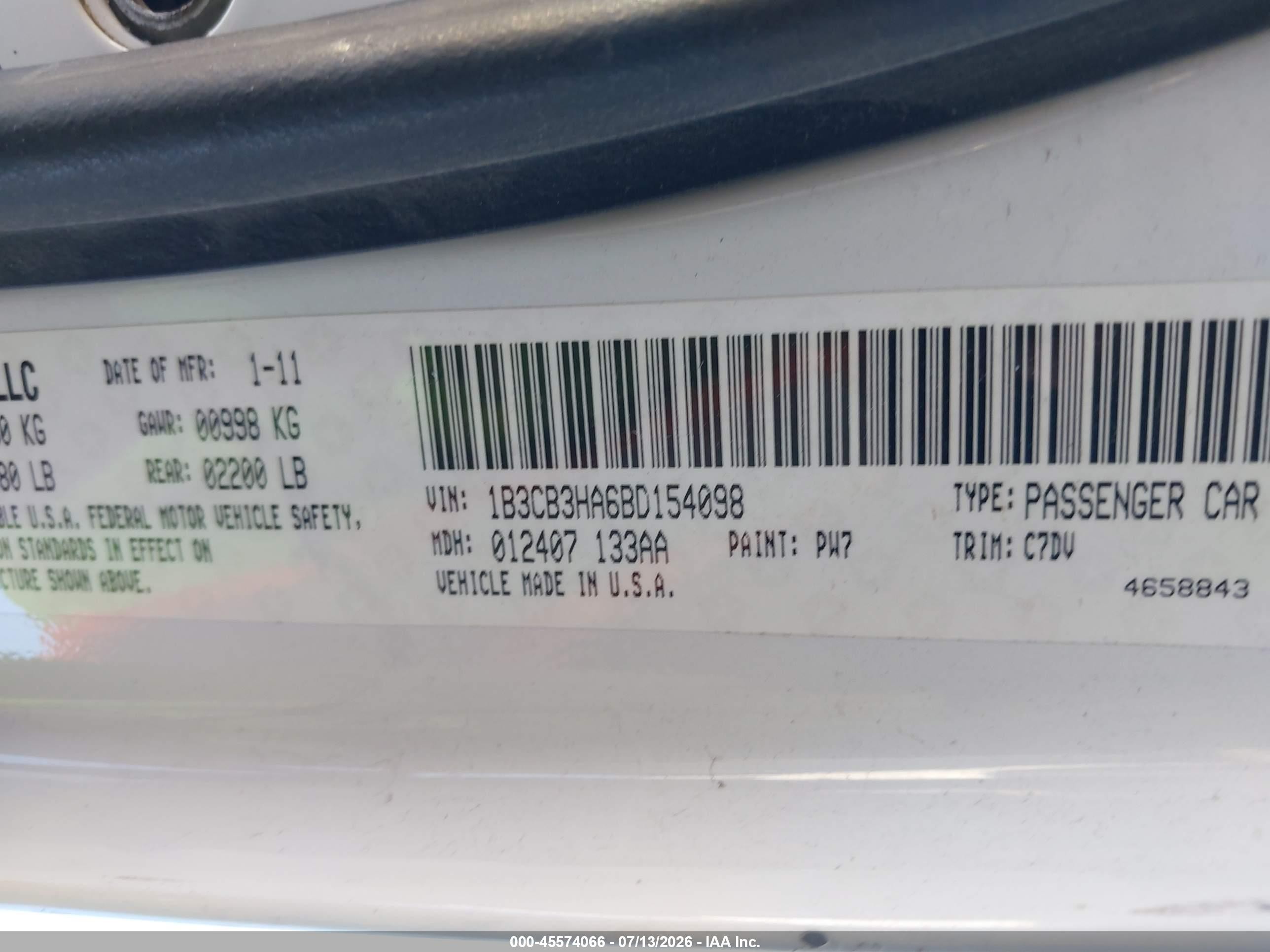 2011 Dodge Caliber Mainstreet White vin: 1B3CB3HA6BD154098