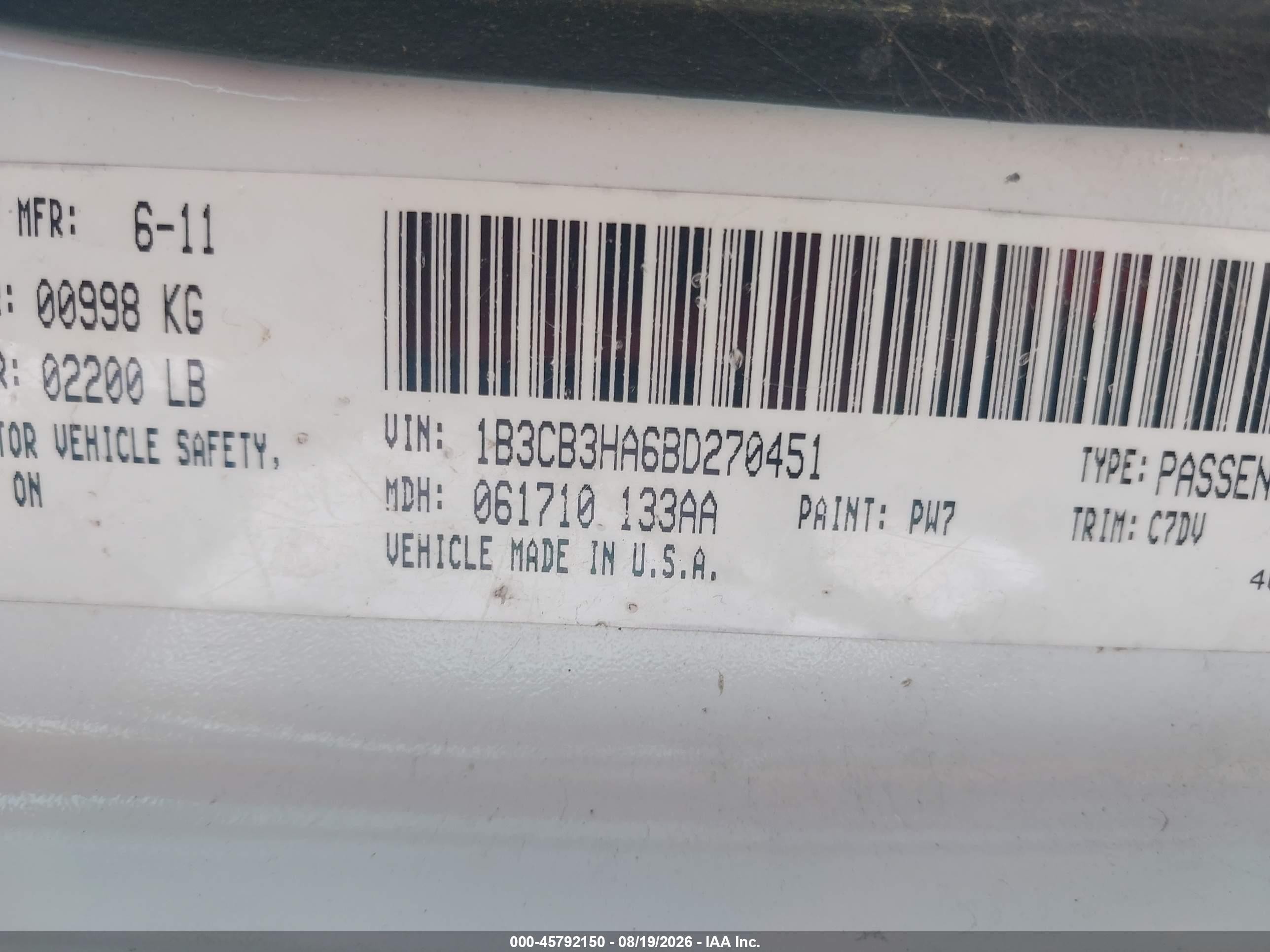 2011 Dodge Caliber Mainstreet White vin: 1B3CB3HA6BD270451