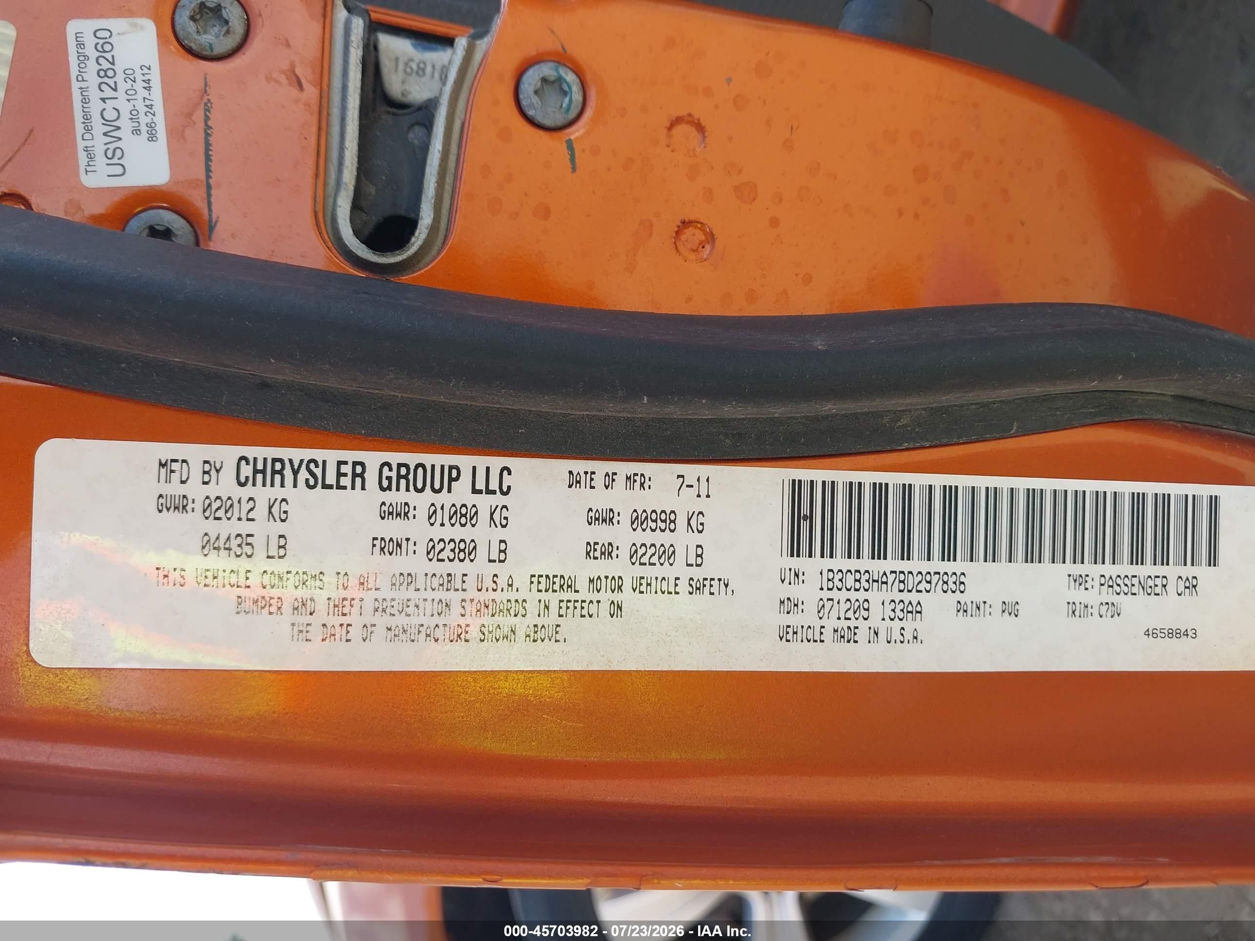 2011 Dodge Caliber Mainstreet Orange vin: 1B3CB3HA7BD297836