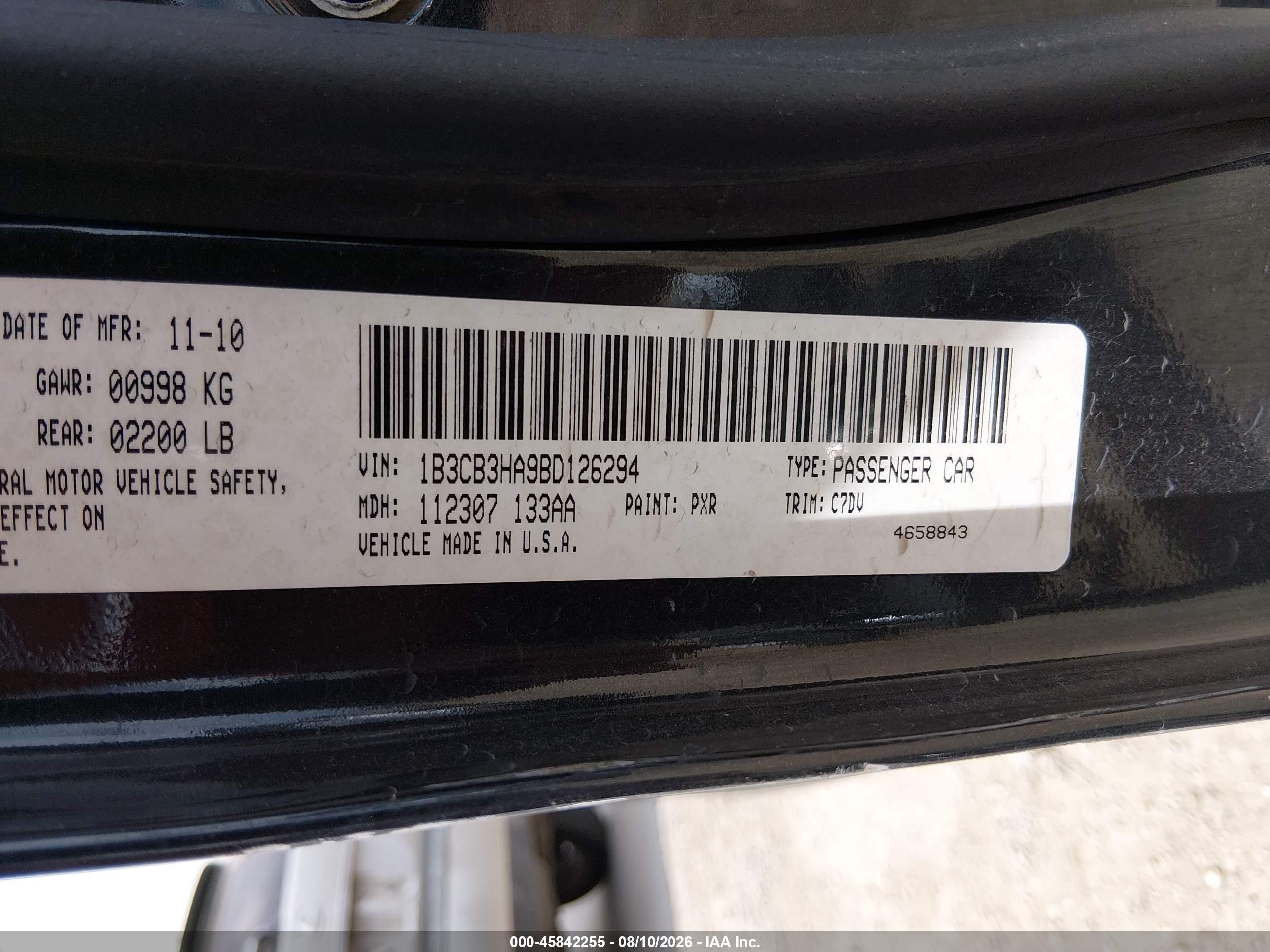 2011 Dodge Caliber Mainstreet Black vin: 1B3CB3HA9BD126294