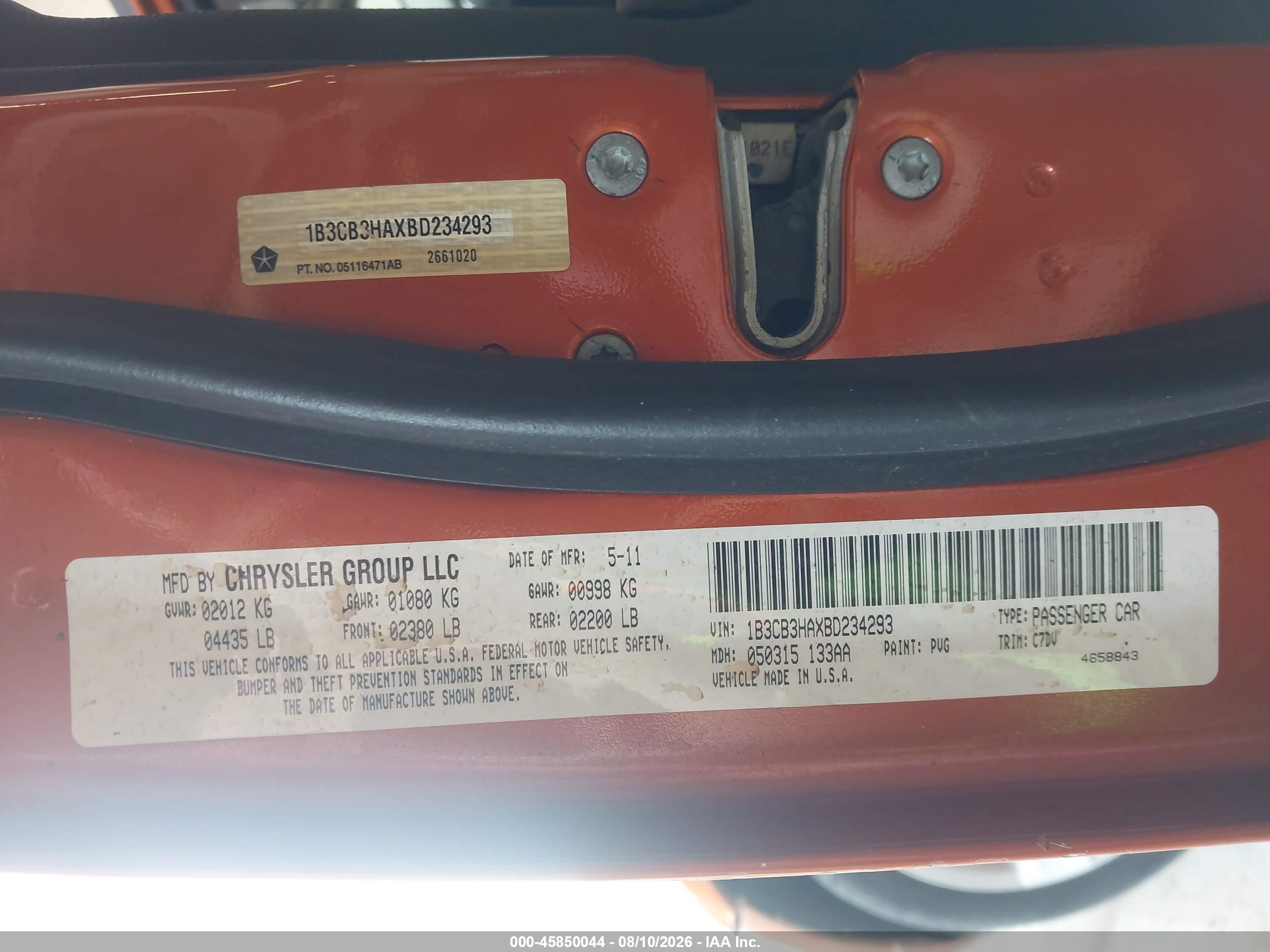 2011 Dodge Caliber Mainstreet Orange vin: 1B3CB3HAXBD234293