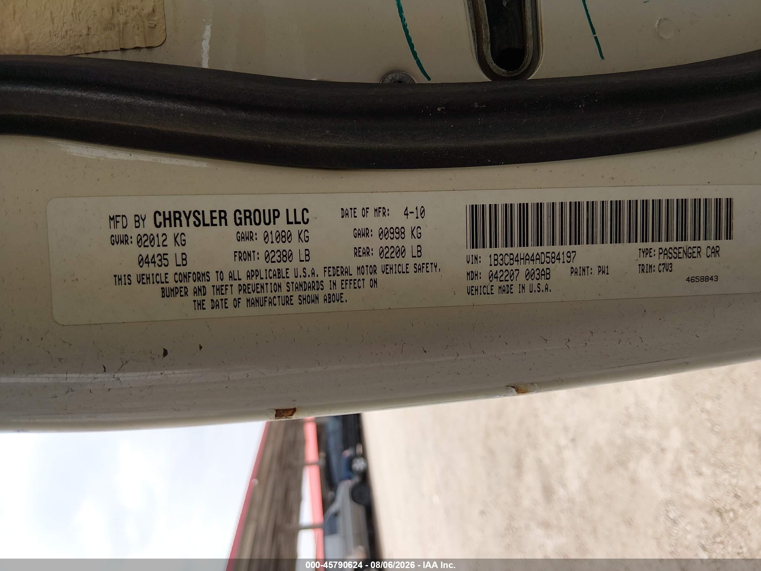 2010 Dodge Caliber Sxt White vin: 1B3CB4HA4AD584197