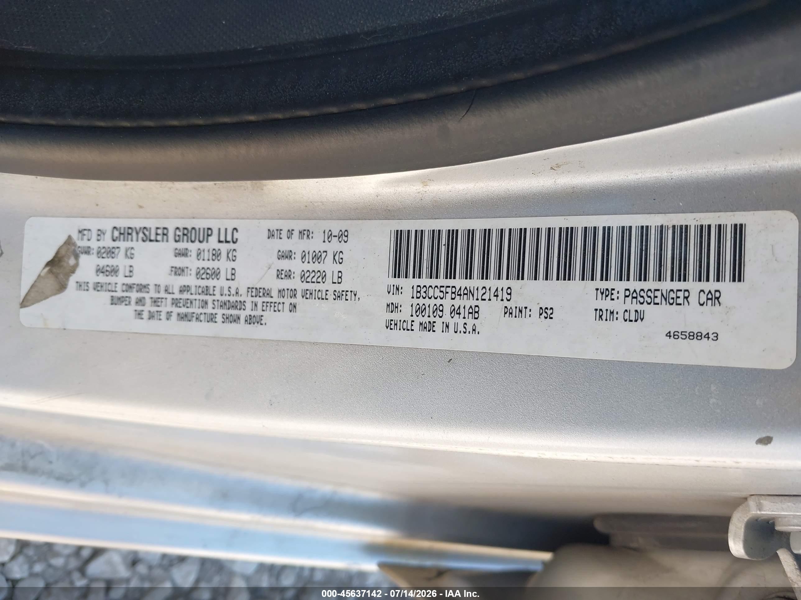 2010 Dodge Avenger R/t Silver vin: 1B3CC5FB4AN121419