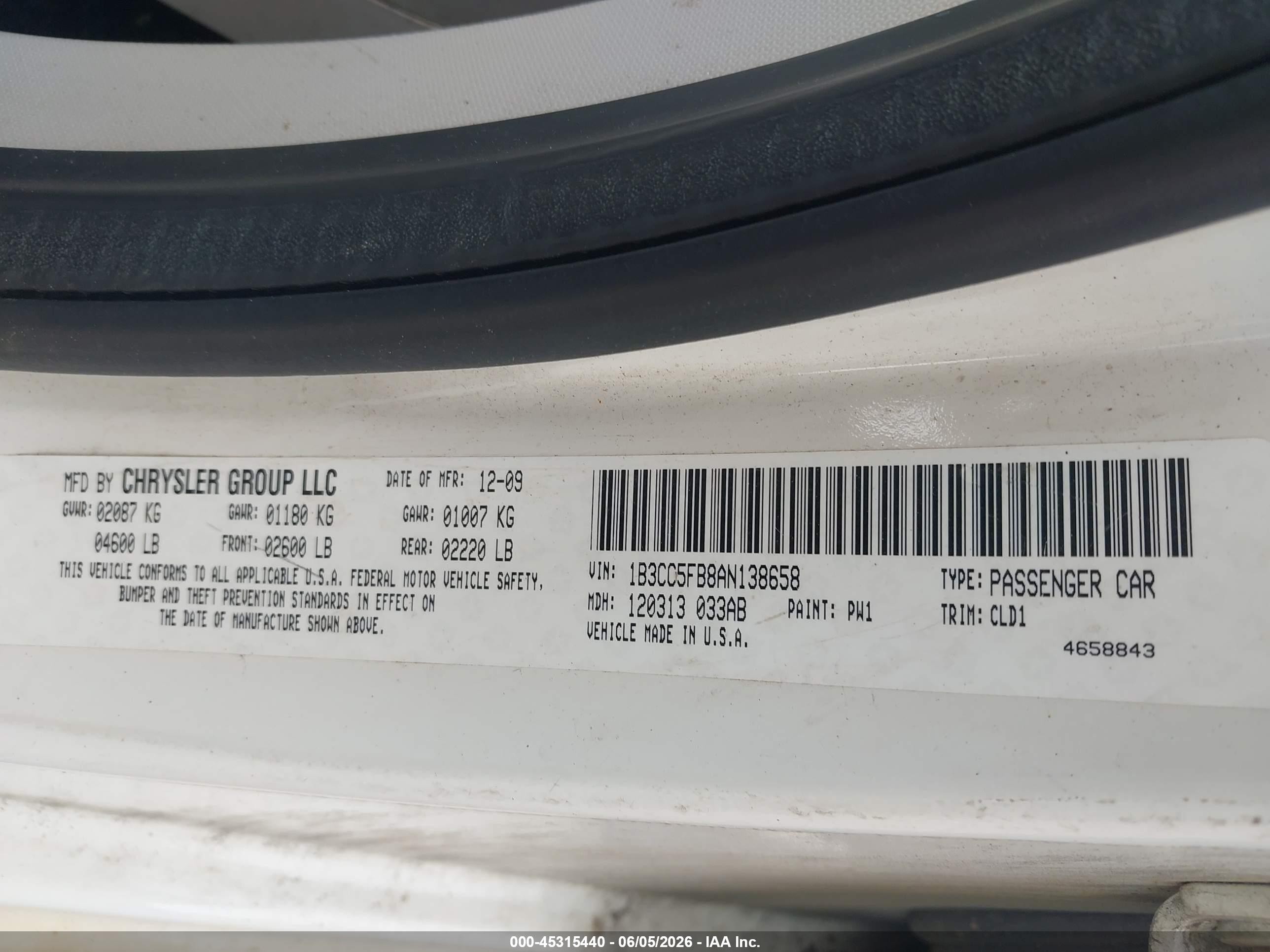 2010 Dodge Avenger R/t White vin: 1B3CC5FB8AN138658