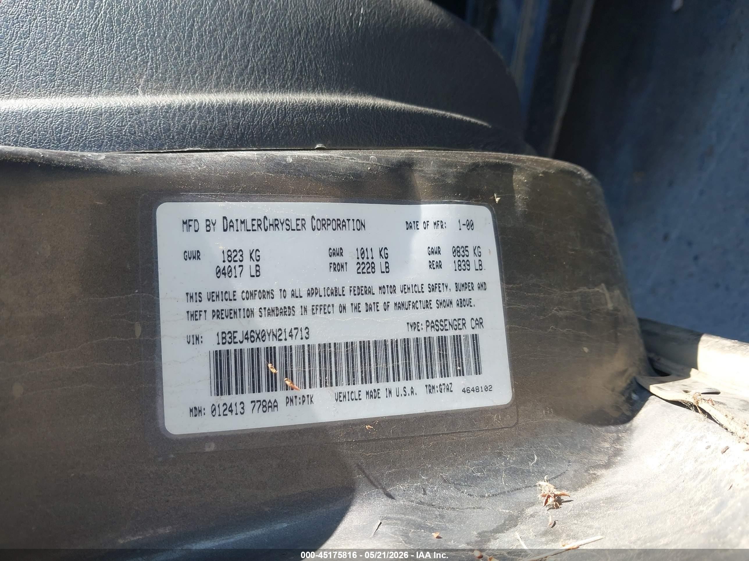 2000 Dodge Stratus Se Black vin: 1B3EJ46X0YN214713