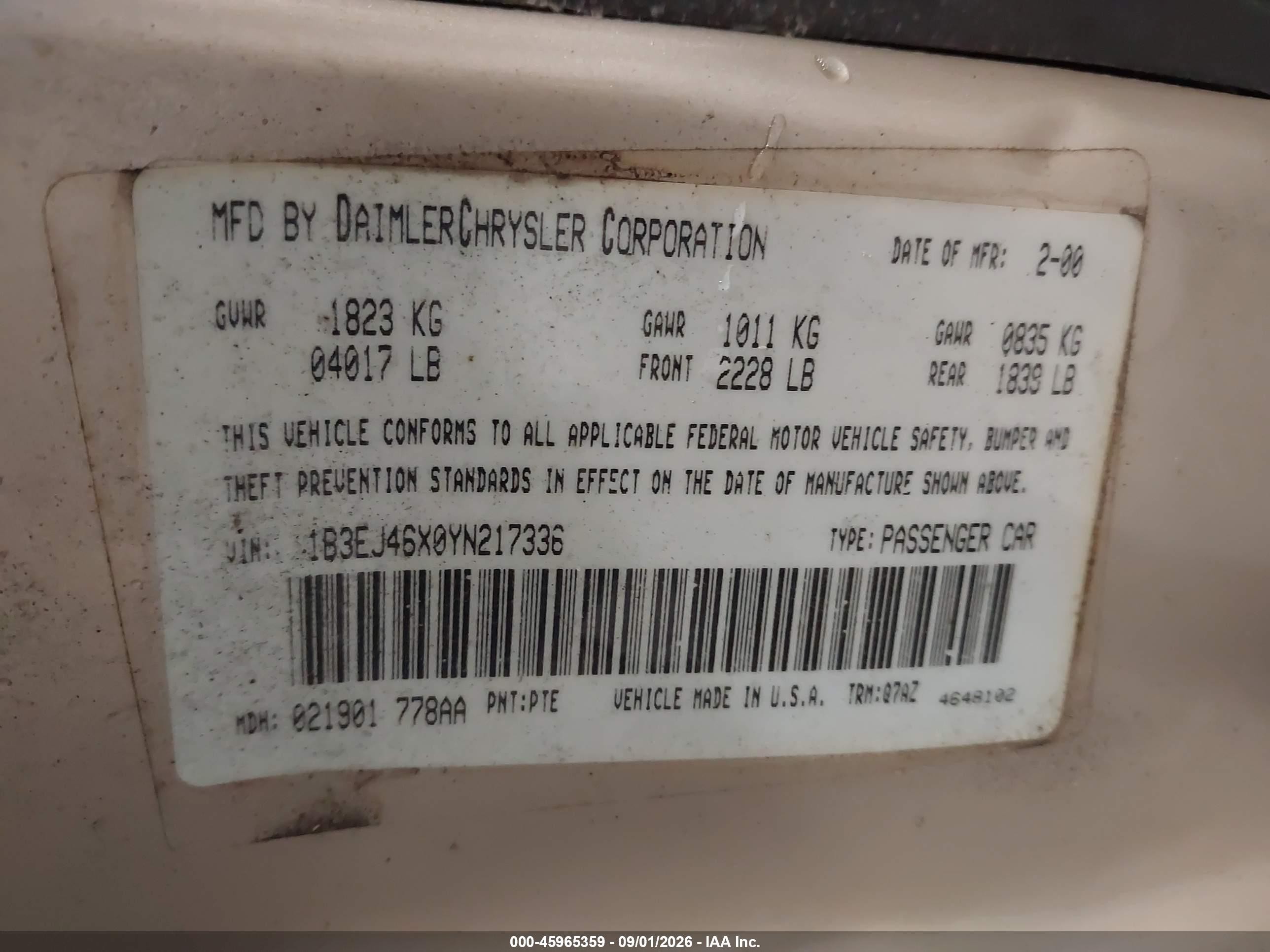 2000 Dodge Stratus Se Gold vin: 1B3EJ46X0YN217336
