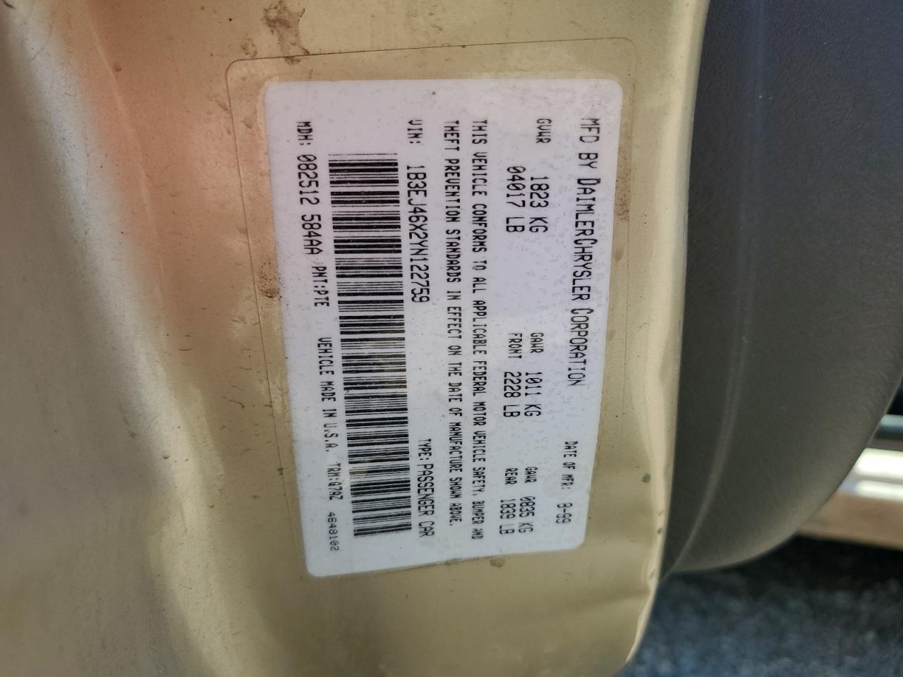 2000 Dodge Stratus Se Cream vin: 1B3EJ46X2YN122759