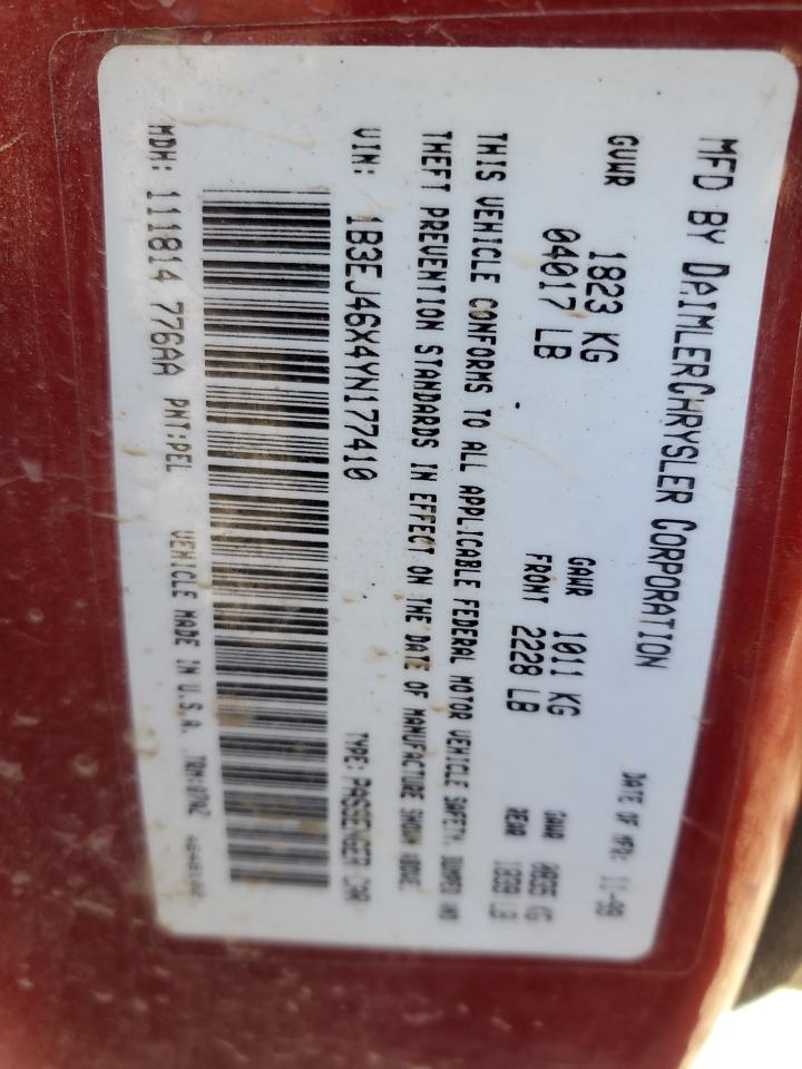 2000 Dodge Stratus Se Red vin: 1B3EJ46X4YN177410
