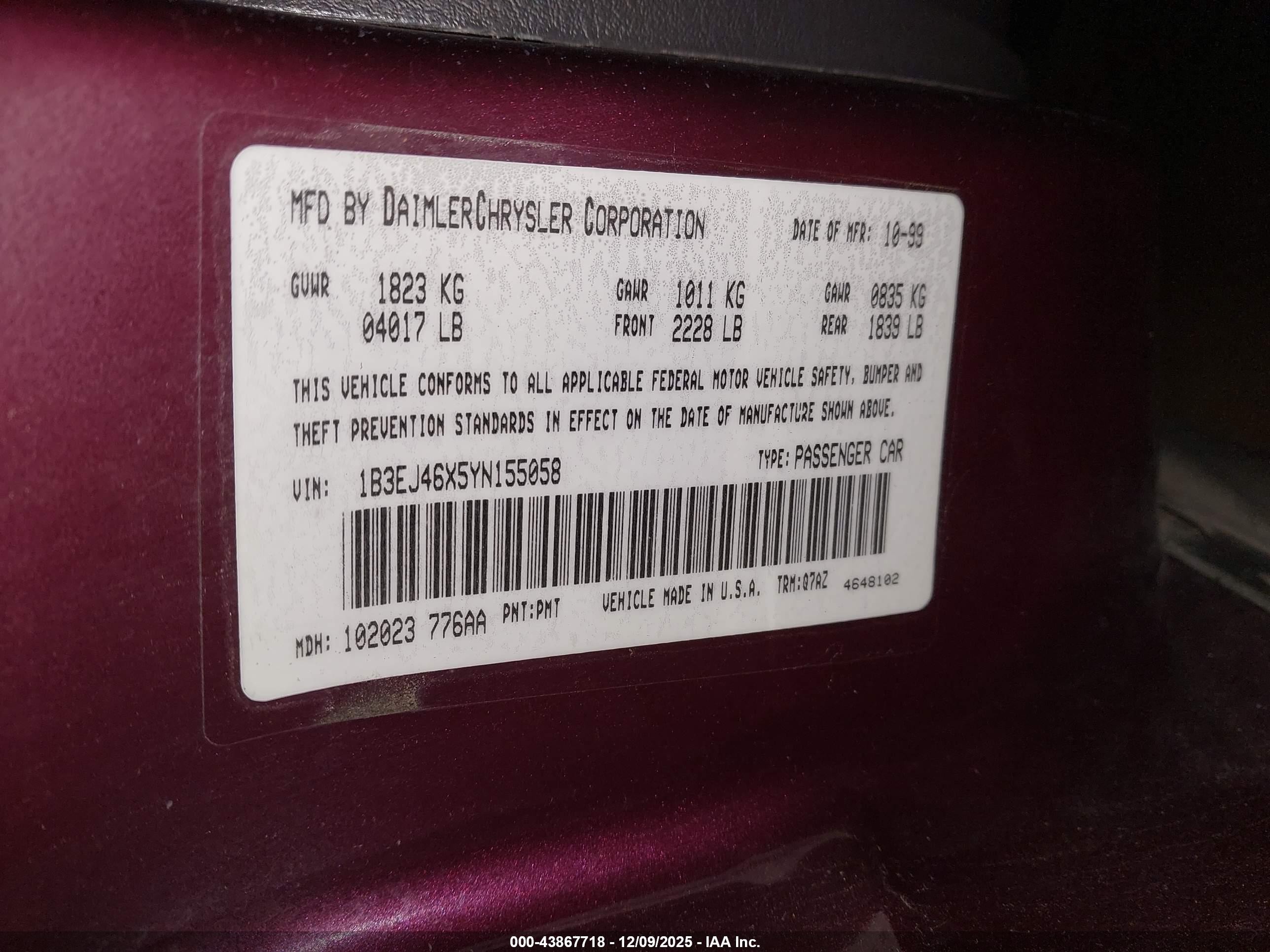 2000 Dodge Stratus Se Purple vin: 1B3EJ46X5YN155058