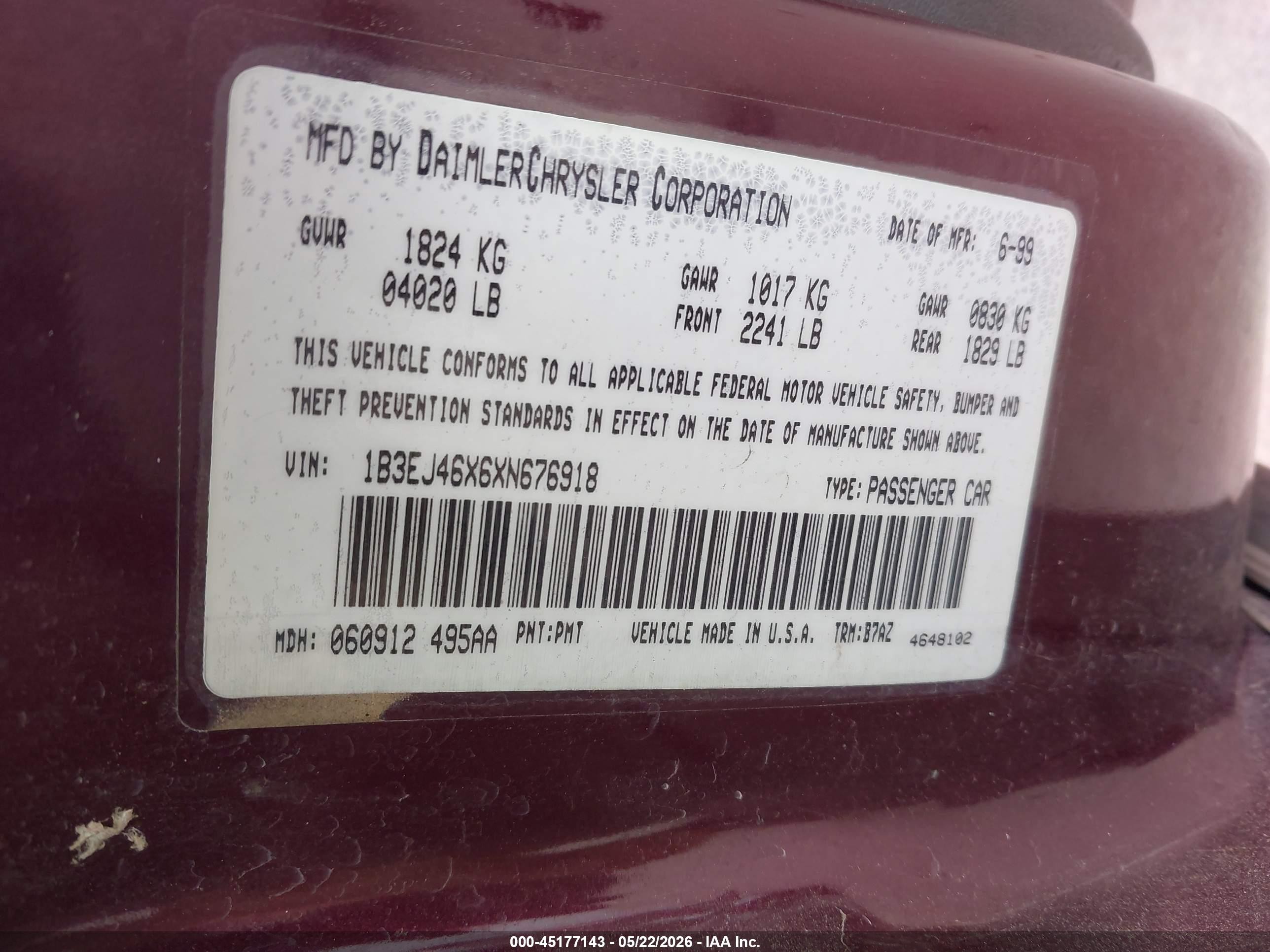 1999 Dodge Stratus   Pink vin: 1B3EJ46X6XN676918