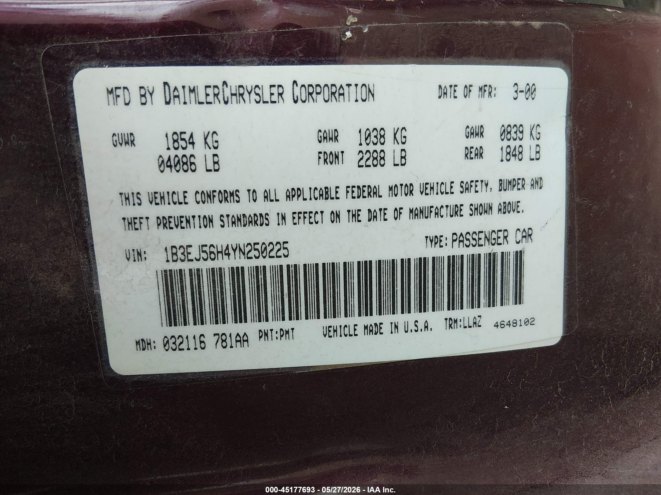 2000 Dodge Stratus Es Фиолетовый vin: 1B3EJ56H4YN250225